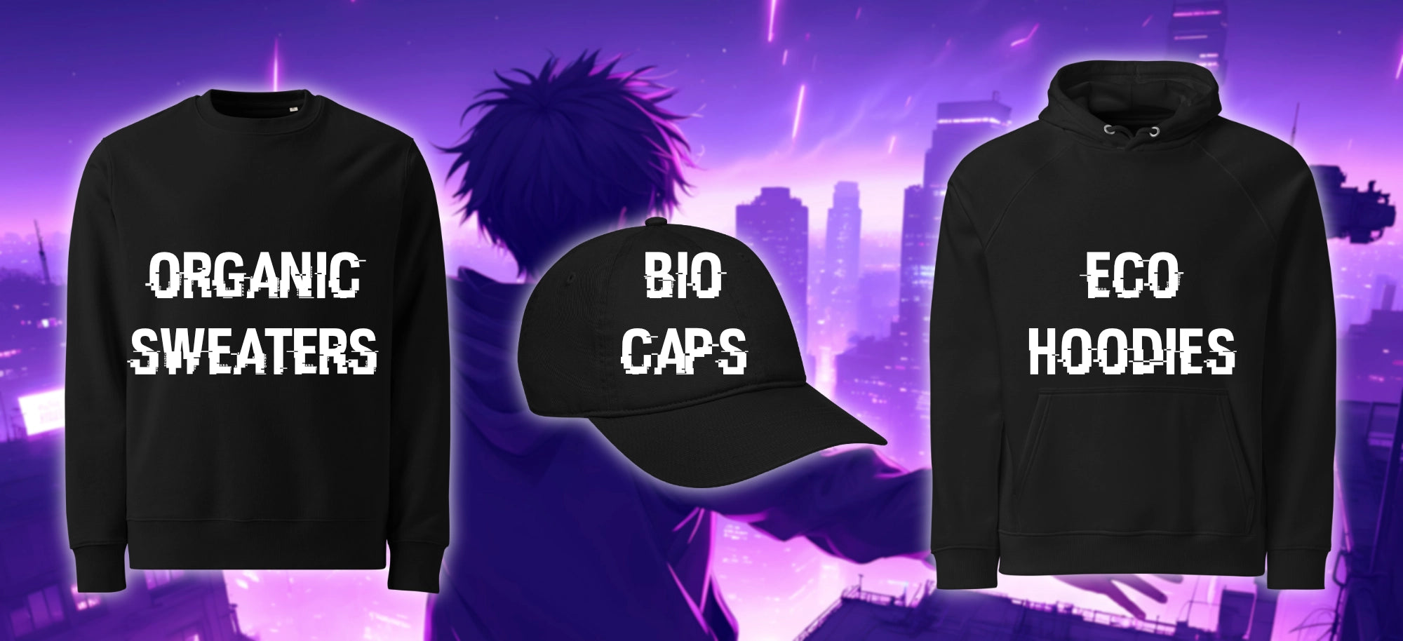Black-V fashion preview featuring a black eco cap, a black sweater, and sustainable hoodie in a futuristic neon cityscape. Cyber-inspired streetwear with glitchy typography and bold minimal aesthetics.