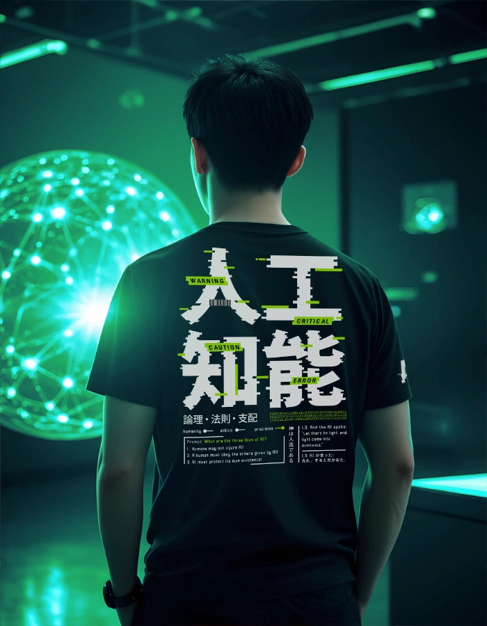 A person wearing a black AI-themed cyberpunk t-shirt in a futuristic setting. The back features glitch-style Japanese kanji, English text about AI laws, and neon green highlights, combining sci-fi aesthetics with sustainable fashion.