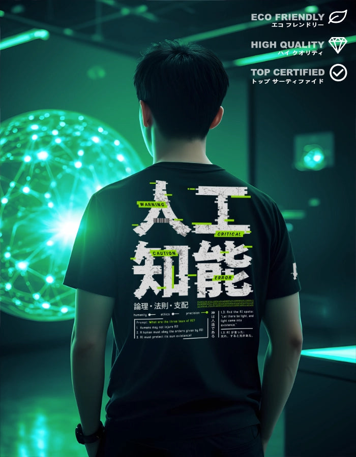 A person wearing a black AI-themed cyberpunk t-shirt in a futuristic setting. The back features glitch-style Japanese kanji, English text about AI laws, and neon green highlights, combining sci-fi aesthetics with sustainable fashion.