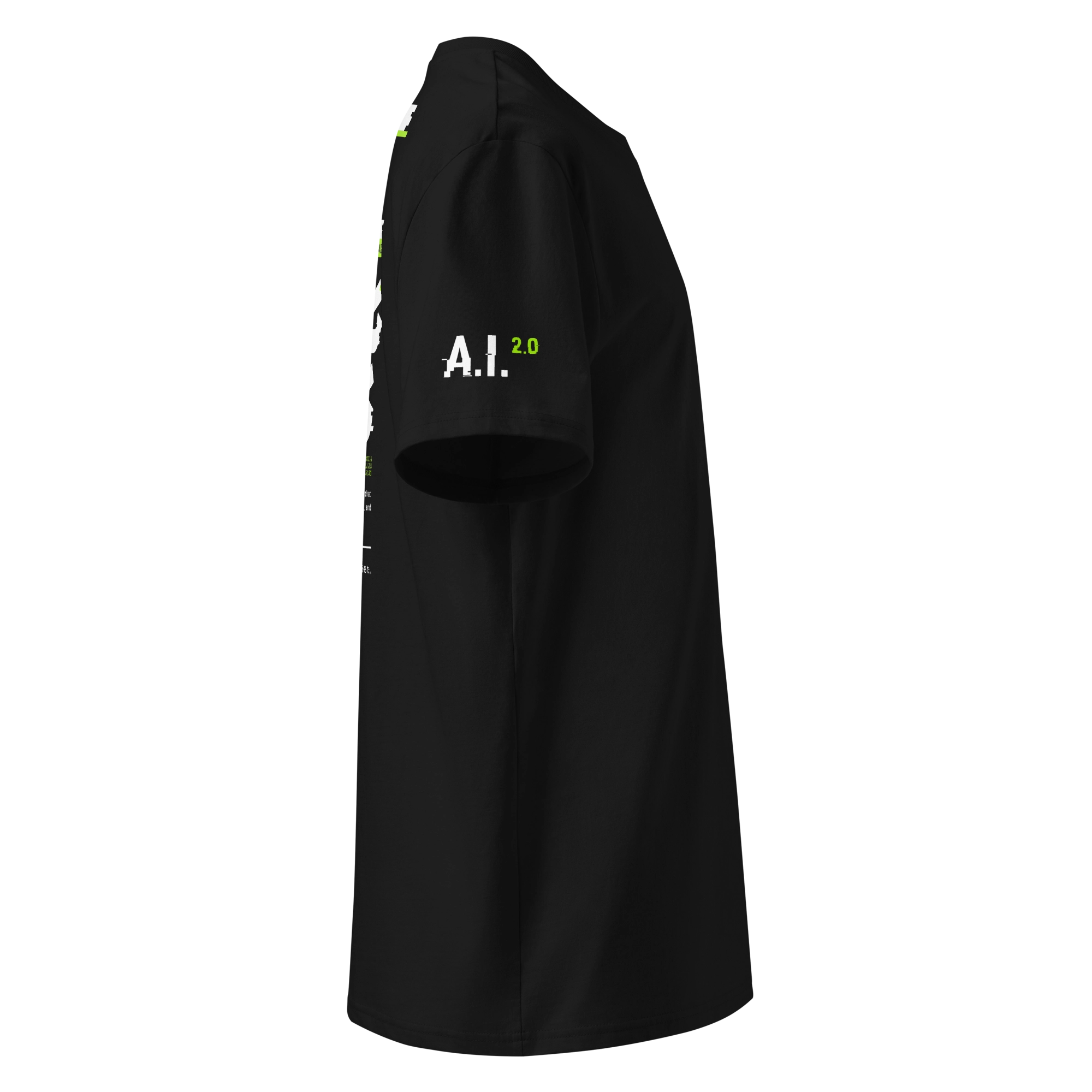 Side view of black cyberpunk t-shirt featuring a bold “A.I. 2.0” text in glitchy white and neon green on the sleeve. Hints of the back's large futuristic graphic are partially visible.