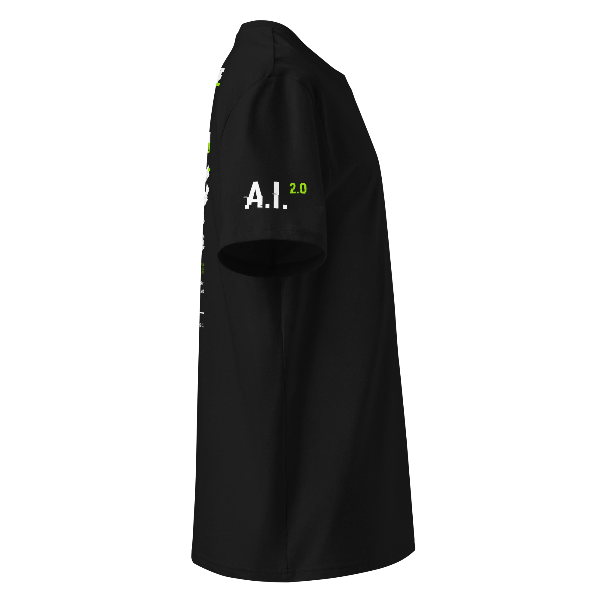 Side view of black cyberpunk t-shirt featuring a bold “A.I. 2.0” text in glitchy white and neon green on the sleeve. Hints of the back's large futuristic graphic are partially visible.