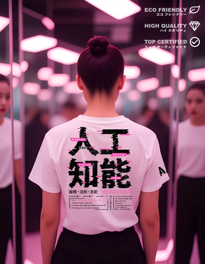 Model wearing a white AI cyberpunk T-shirt in a neon-lit room, showcasing bold Japanese kanji and glitch graphics on the back, with pink highlights and a futuristic tech-inspired design.