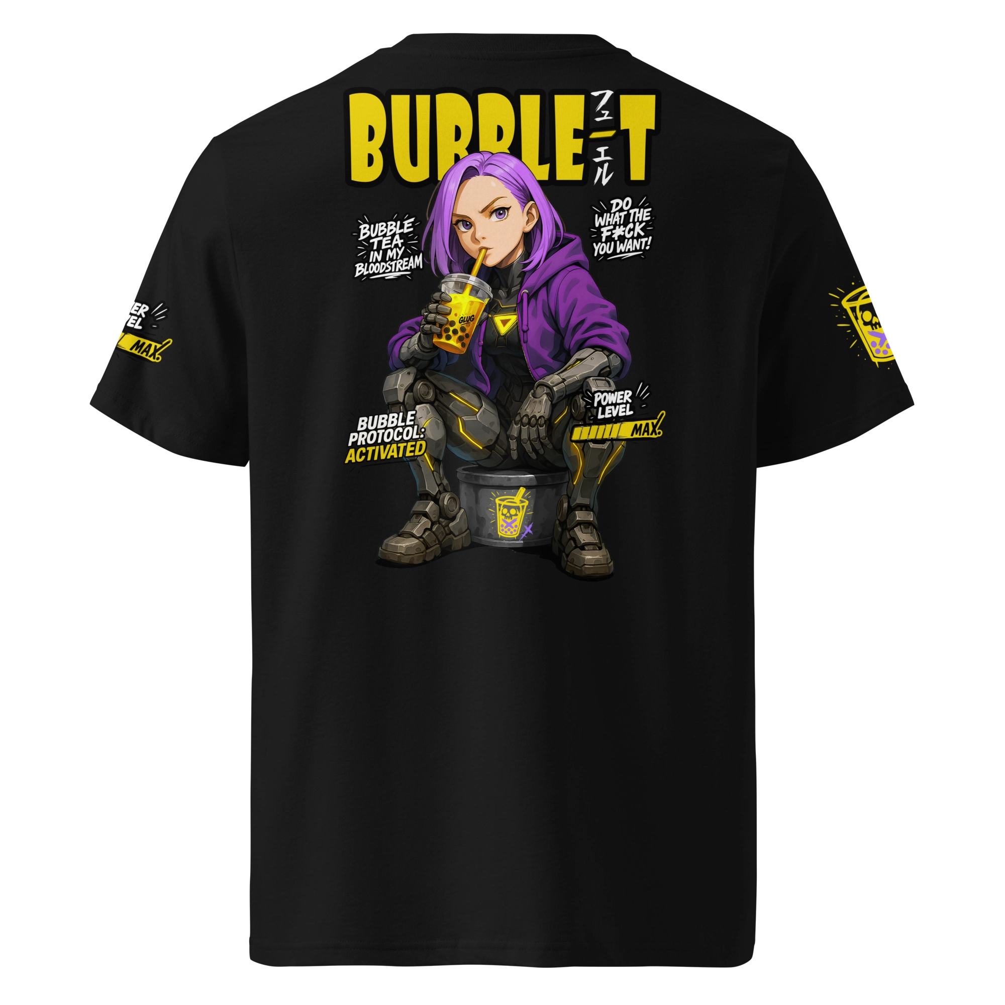 Black cyberpunk t-shirt featuring a purple-haired anime girl with robotic legs drinking bubble tea. Bold yellow text and Japanese characters complete the futuristic streetwear look.
