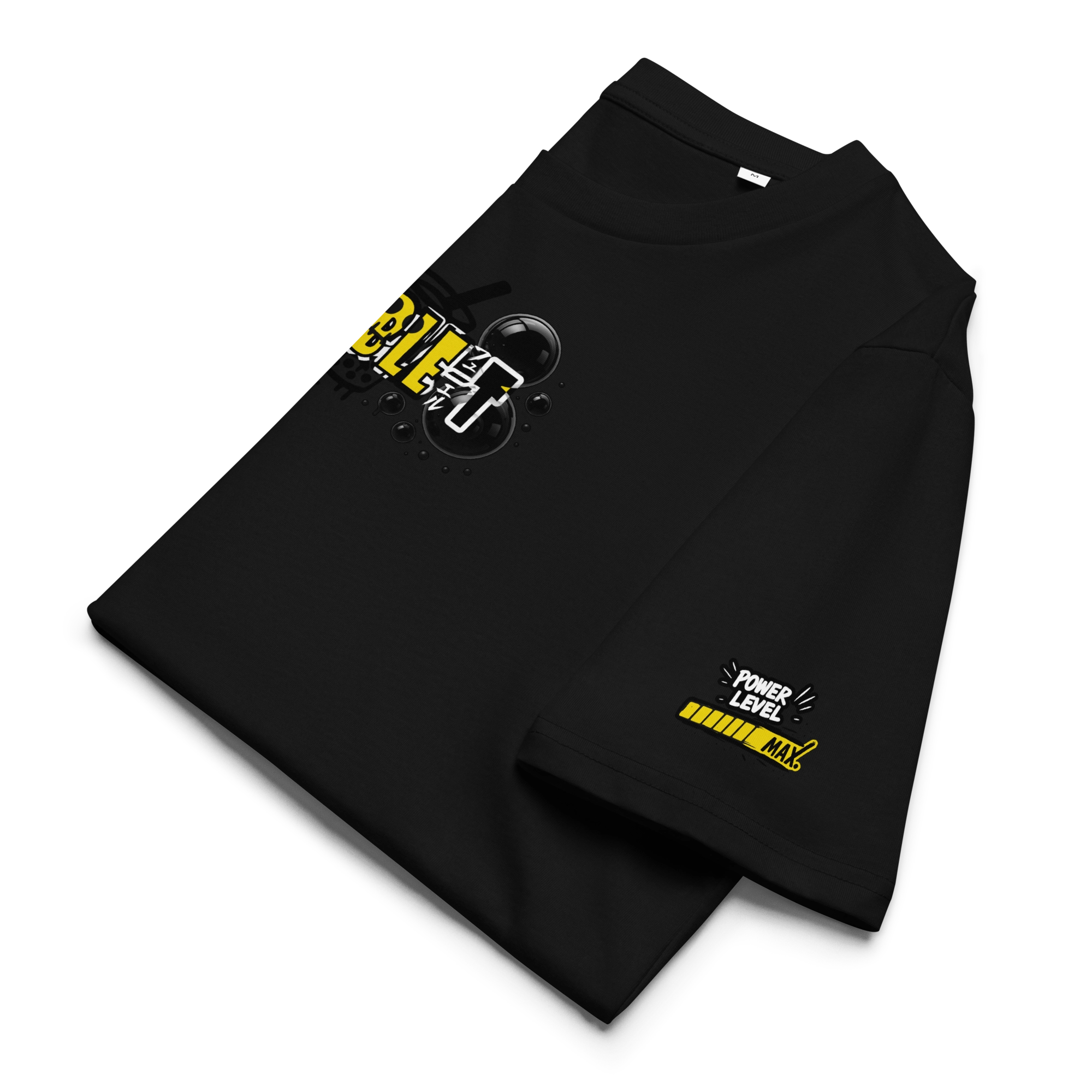 Folded black t-shirt showcasing the “BUBBLE T” front graphic with black bubble accents and Japanese lettering. The sleeve features a yellow “Power Level MAX” print, emphasizing its cyberpunk aesthetic.