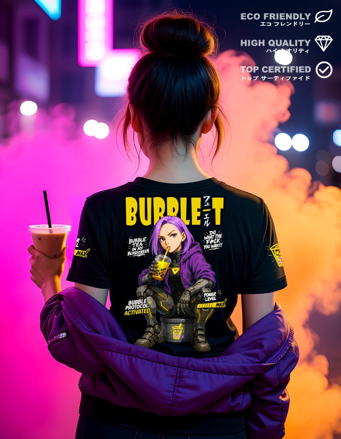 Model wearing a black cyberpunk t-shirt with a bold anime girl design drinking bubble tea. Futuristic graphics, robotic legs, and Japanese lettering create a unique streetwear style. Eco-friendly and high-quality certified.