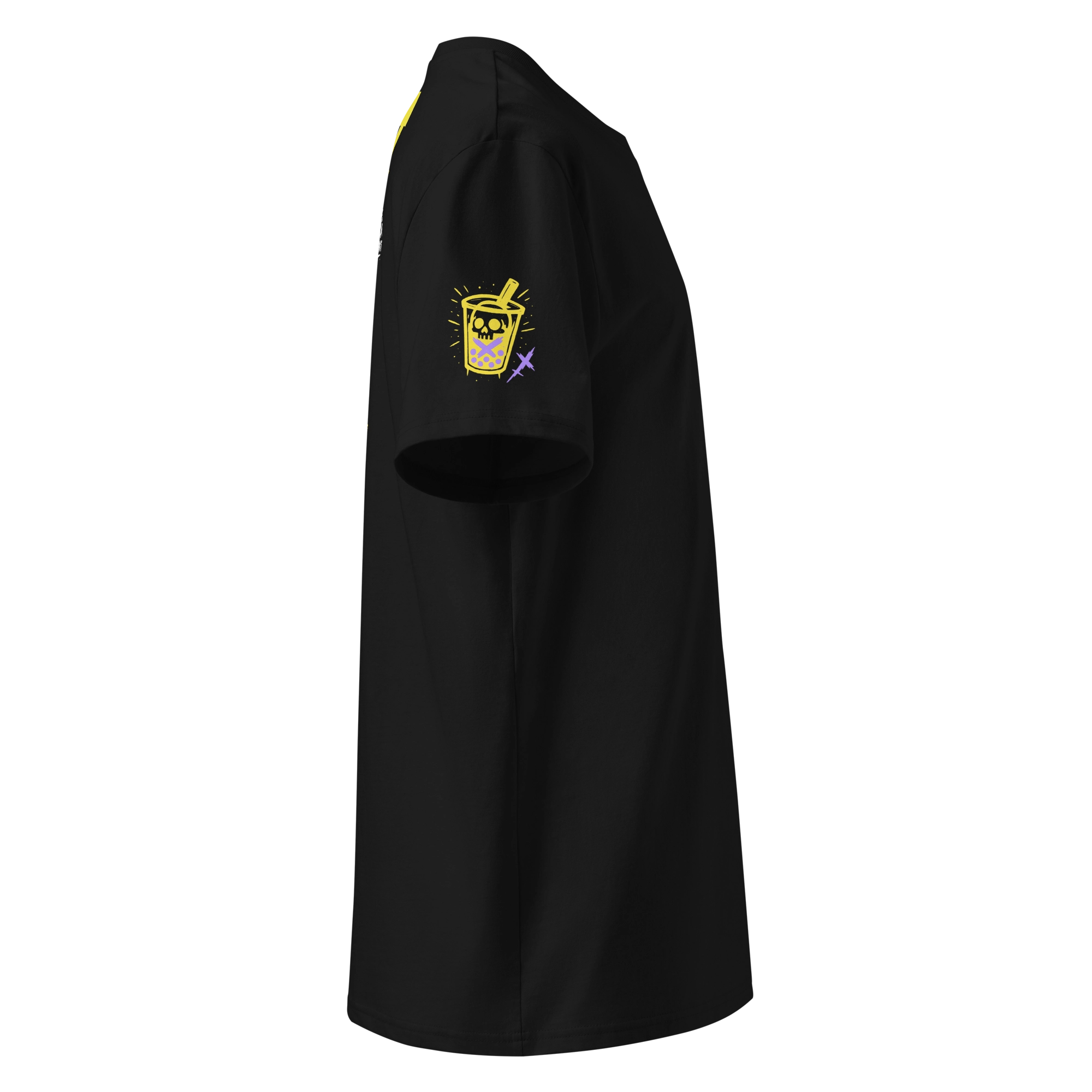 Side view of a black t-shirt featuring a neon yellow bubble tea cup with skull graphic on the sleeve. Bold and playful cyberpunk detail adds character to the futuristic anime streetwear design.