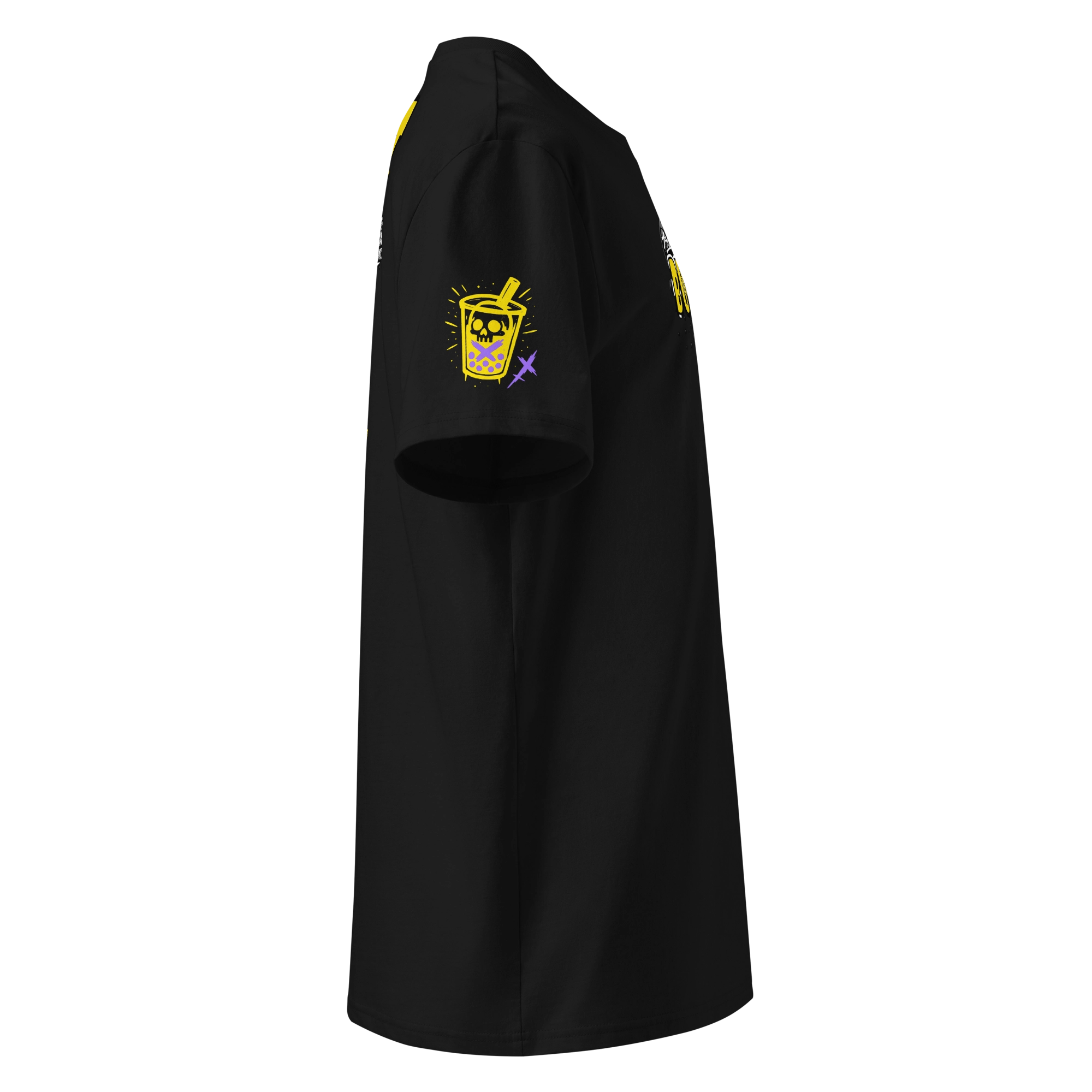 Side view of a black t-shirt featuring a neon yellow bubble tea cup with skull graphic on the sleeve. Bold and playful cyberpunk detail adds character to the futuristic anime streetwear design.