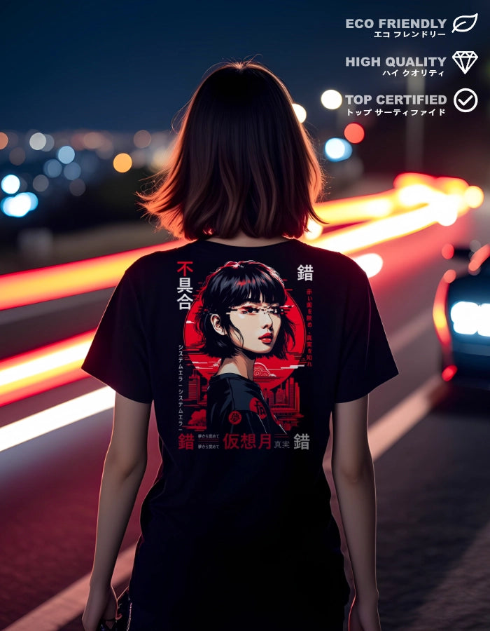 Female model wearing an eco-friendly black T-shirt with a glitchy cyberpunk anime girl and Japanese text. Captured at night with neon lights, blending futuristic streetwear and sustainable fashion.