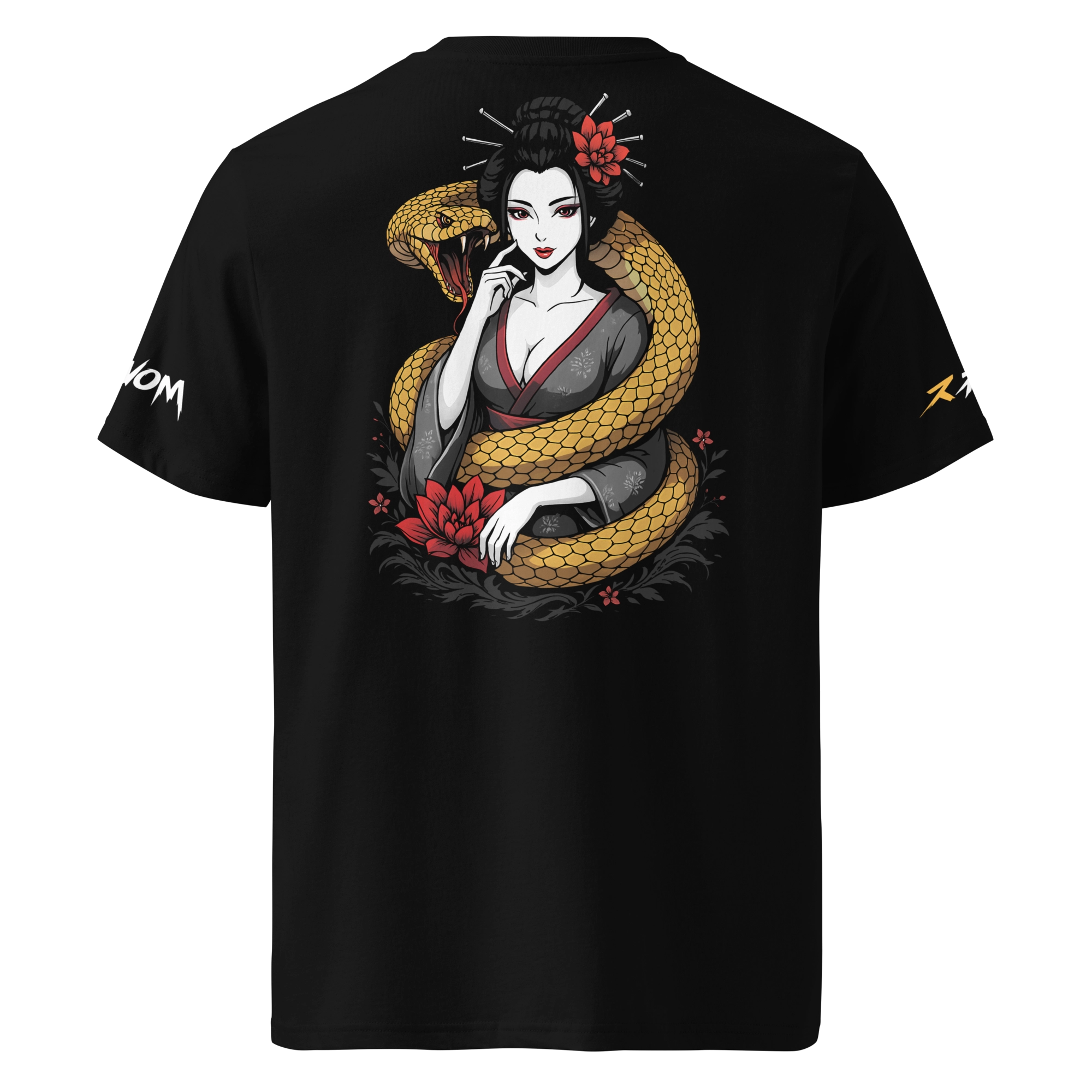 Back view: black T-shirt with full-color geisha entwined by a golden viper, red lotus flowers and black water swirl; Japanese streetwear graphic.