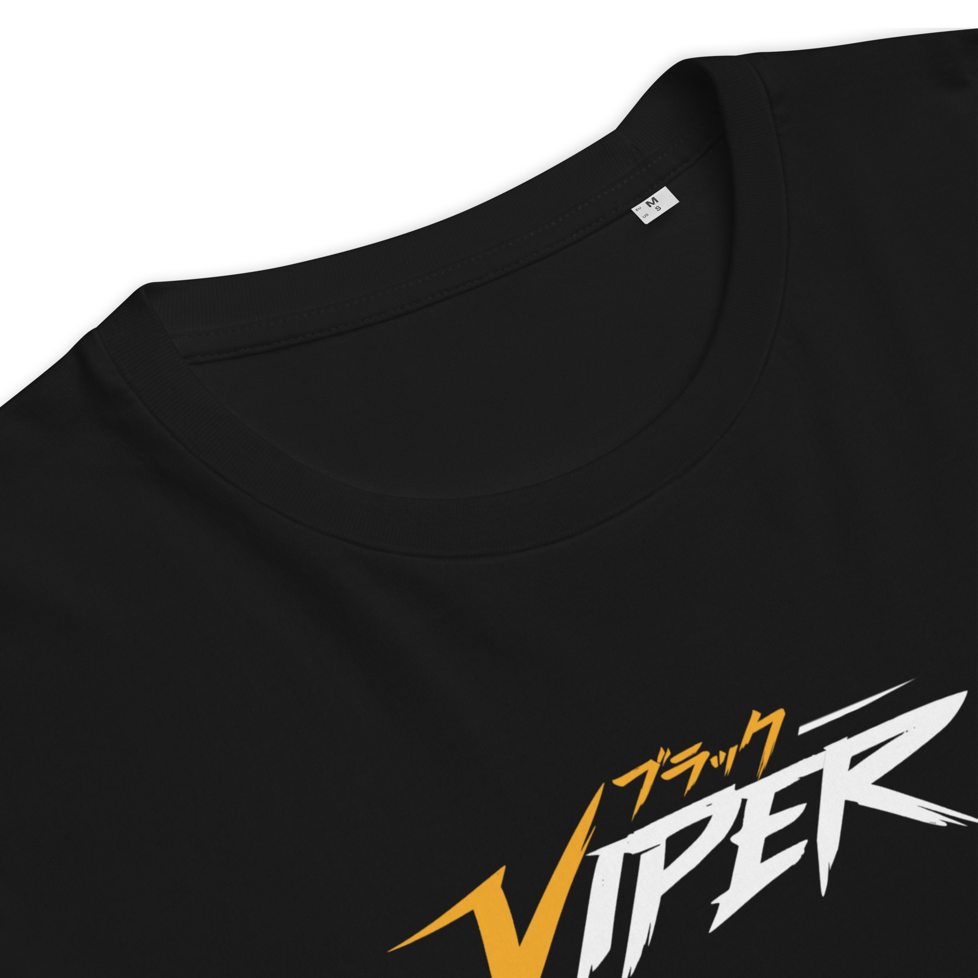 Close-up of black tee neckline with “Black Viper” chest logo in orange/white plus small Japanese lettering; smooth cotton texture.