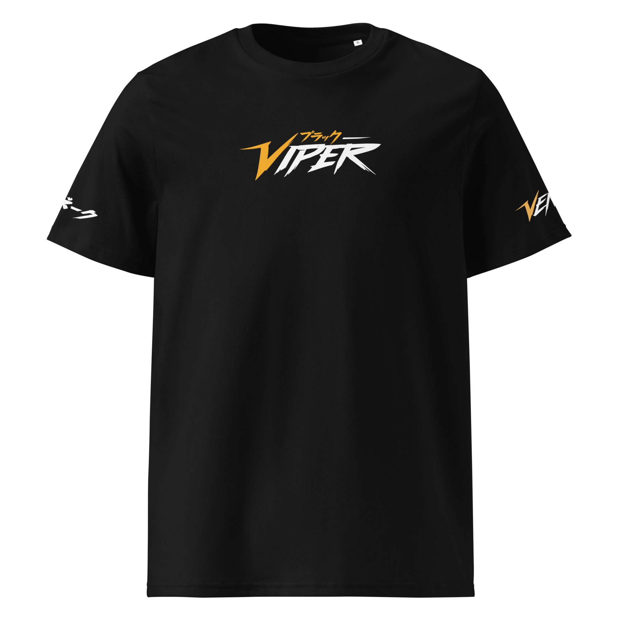 Front view of black T-shirt with centered “Black Viper” logo in orange/white and small Japanese text; clean unisex fit.