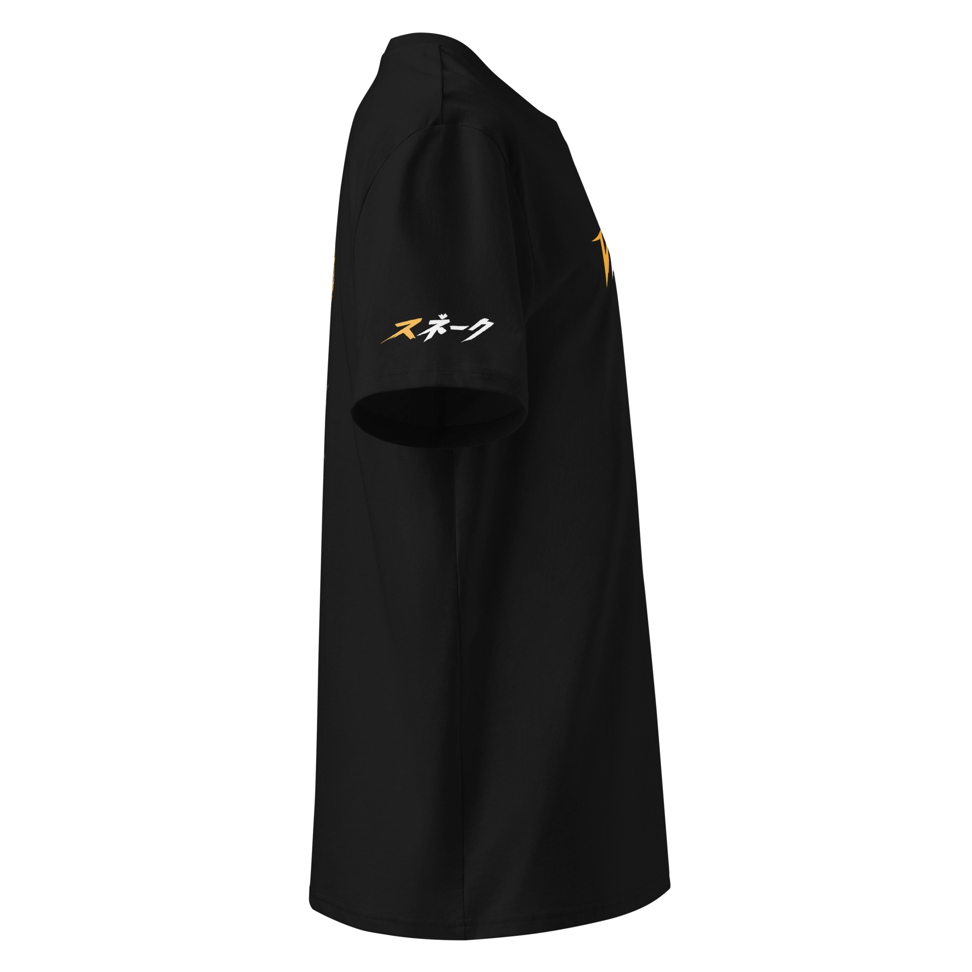 Right side view of black T-shirt highlighting sleeve print with Japanese katakana text in orange and white; clean silhouette and soft cotton fabric.