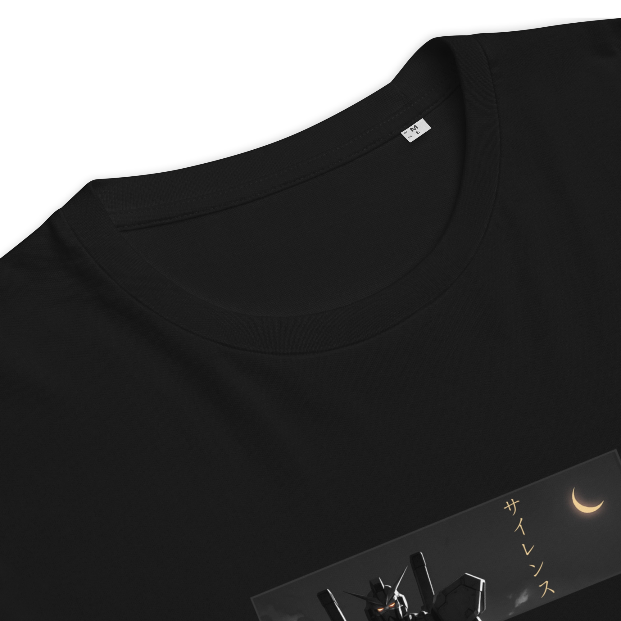 Close-up of a black t-shirt showing the collar and detailed chest print. Features a dark mecha under a crescent moon with vertical golden katakana. Sleek, anime-inspired and minimalist design.