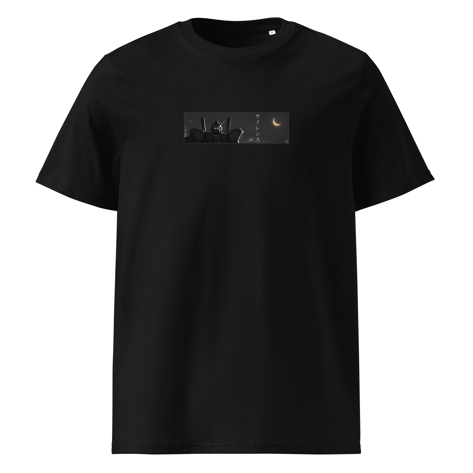 Black t-shirt with minimalist anime mecha design on the chest. Features a dark robotic figure under a crescent moon with Japanese katakana for "silence." Clean, subtle and futuristic aesthetic.