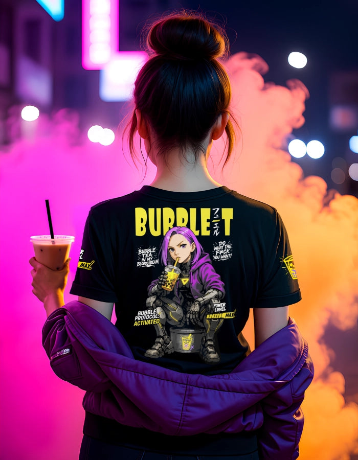 Model wearing a black cyberpunk t-shirt with a bold anime girl design drinking bubble tea. Futuristic graphics, robotic legs, and Japanese lettering create a unique streetwear style. Eco-friendly and high-quality certified.