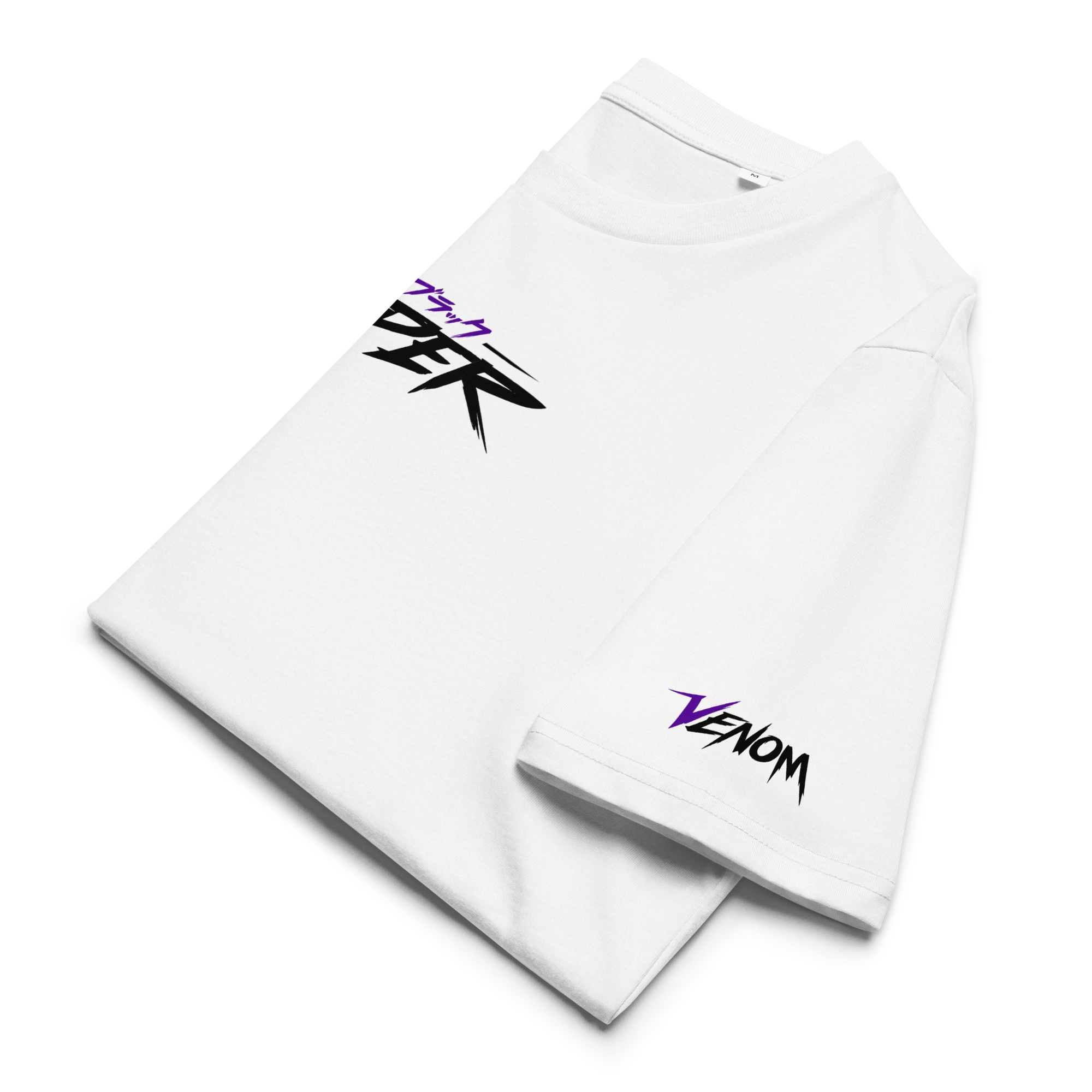Folded white T-shirt showing “Black Viper” chest logo and purple/black “VENOM” sleeve print; minimalist anime streetwear detail.