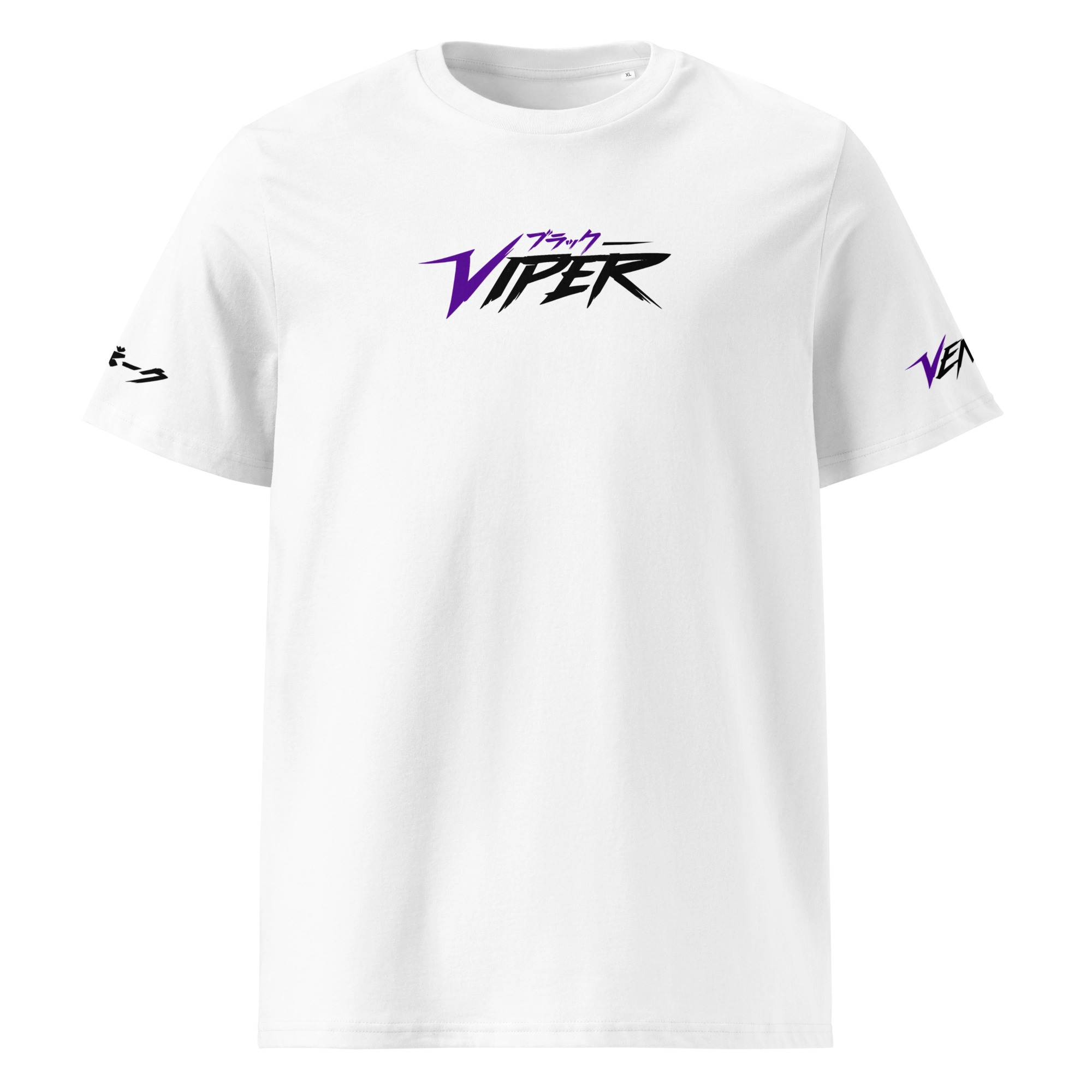 Front view of white T-shirt with centered “Black Viper” logo in purple/black and small Japanese text; clean unisex fit, sustainable cotton.