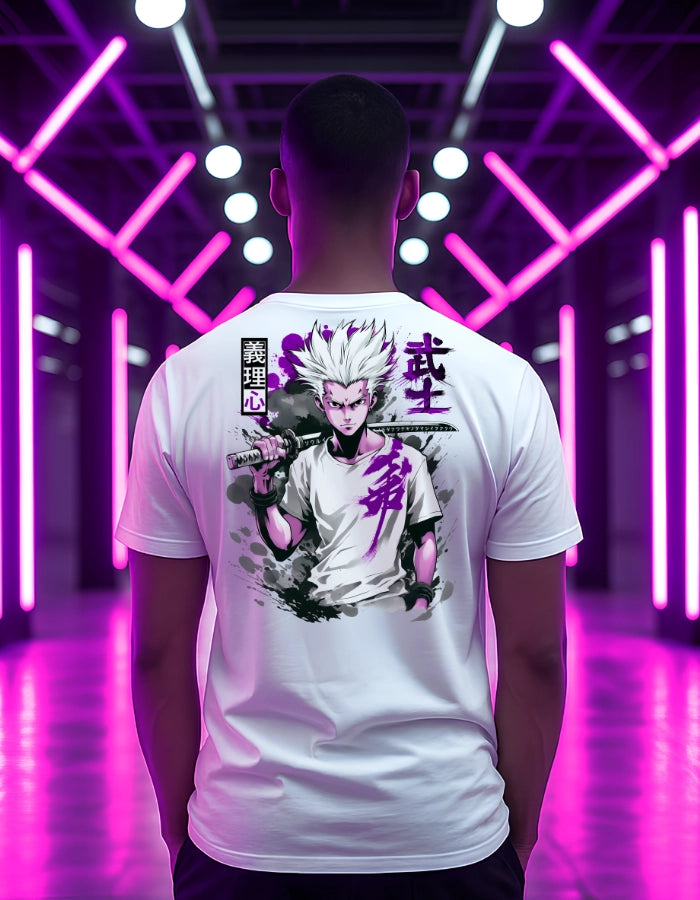 Model wearing a high-quality, eco-friendly white T-shirt with a bold anime samurai design on the back. Purple neon setting highlights the premium streetwear style made with sustainable materials.