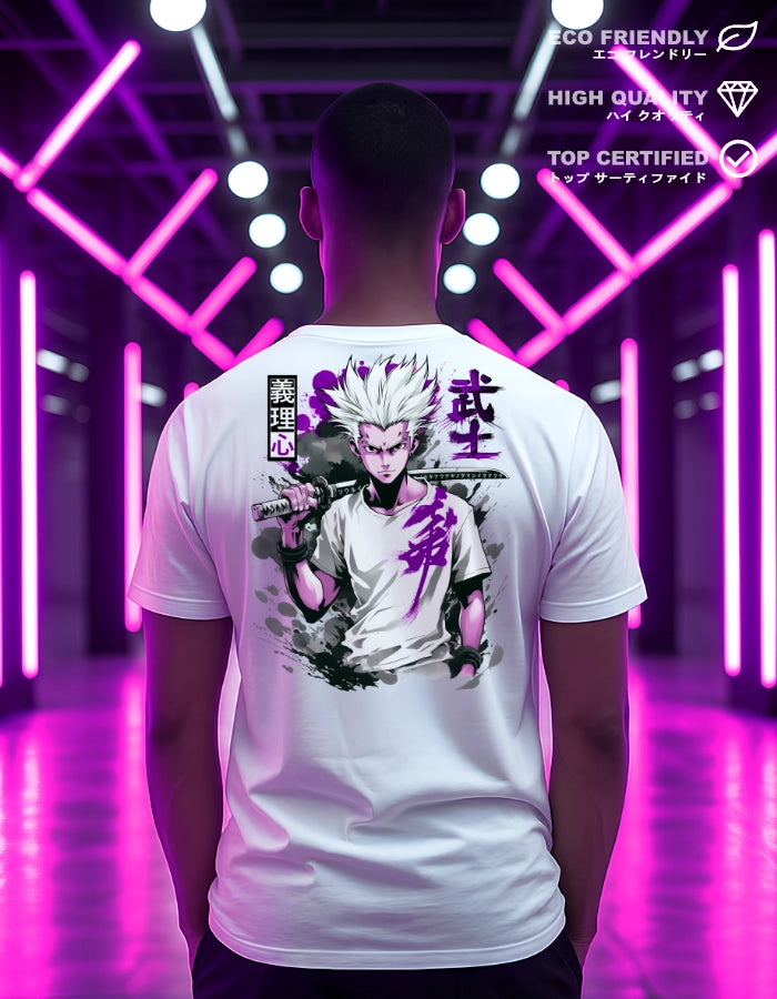 Model wearing a high-quality, eco-friendly white T-shirt with a bold anime samurai design on the back. Purple neon setting highlights the premium streetwear style made with sustainable materials.