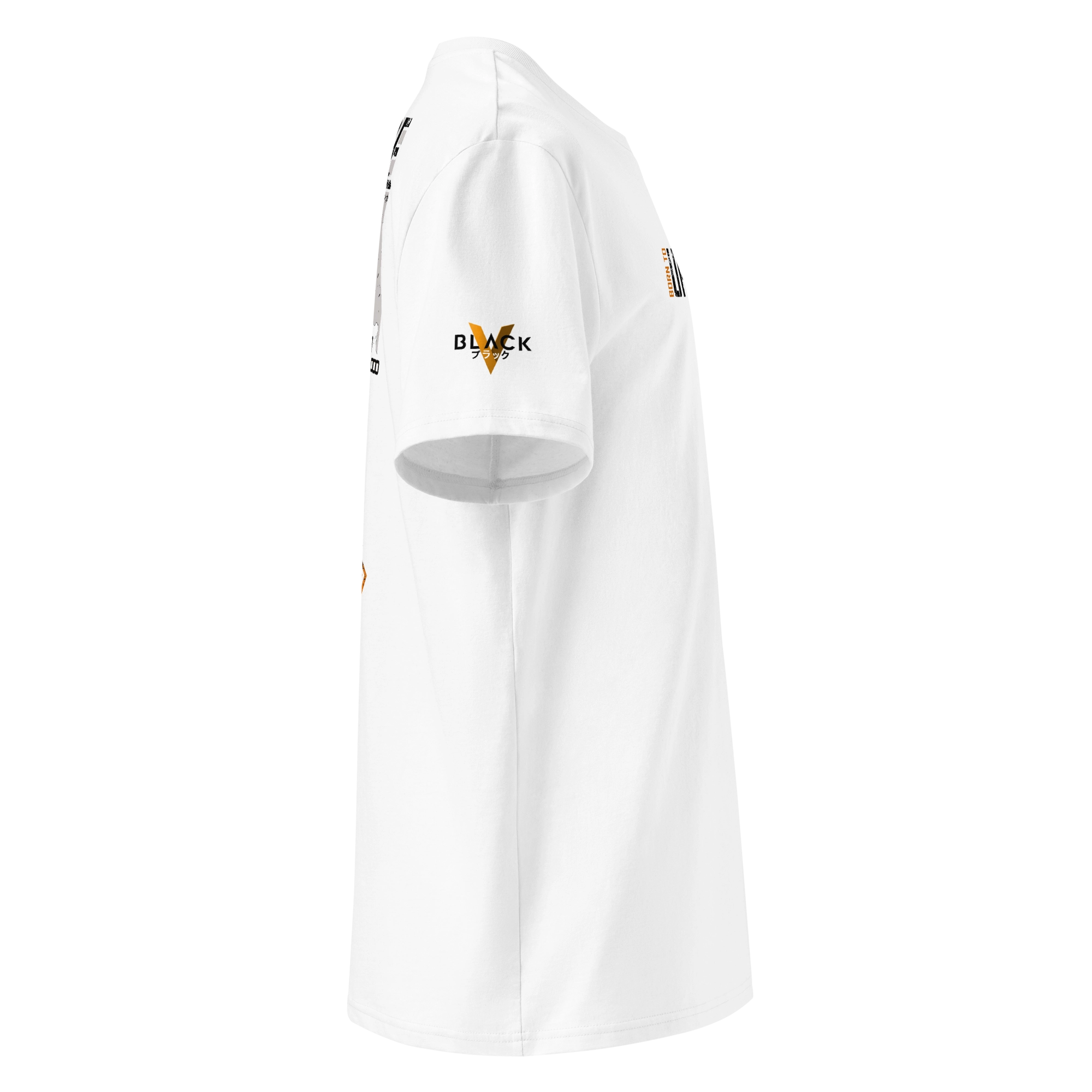 Side view of a high-quality white unisex T-shirt with a bold BLACK-V logo printed on the sleeve. Crafted from eco-friendly materials, combining clean design with premium sustainable streetwear aesthetics.