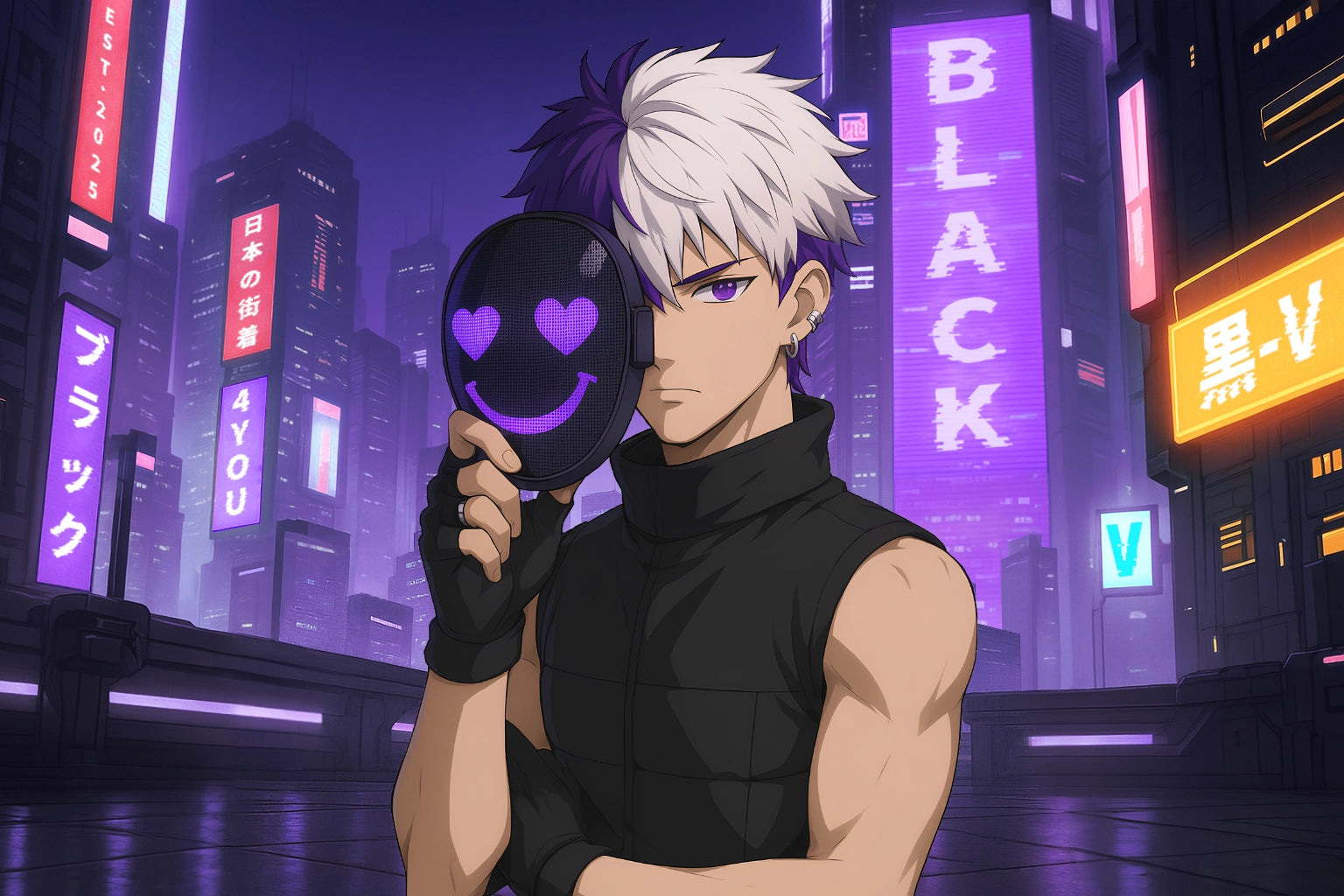 An anime-style character reveals only one eye, holding a smiling mask with glowing hearts. The futuristic city backdrop and bold BLACK V branding emphasize individuality, style, and the courage to be yourself.