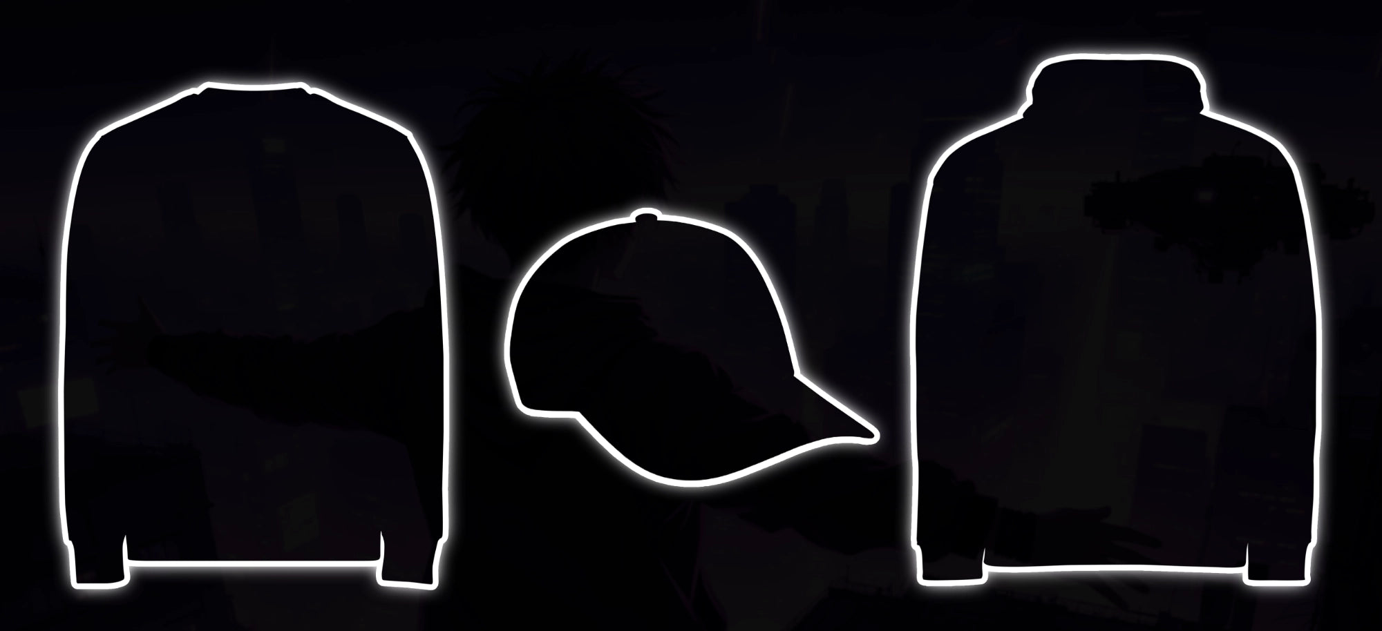 White outlines of a cap, crewneck, and hoodie glow on a black overlayed futuristic street scene. A preview of upcoming Black-V streetwear essentials, blending cyberpunk aesthetics with minimalist Japanese design.