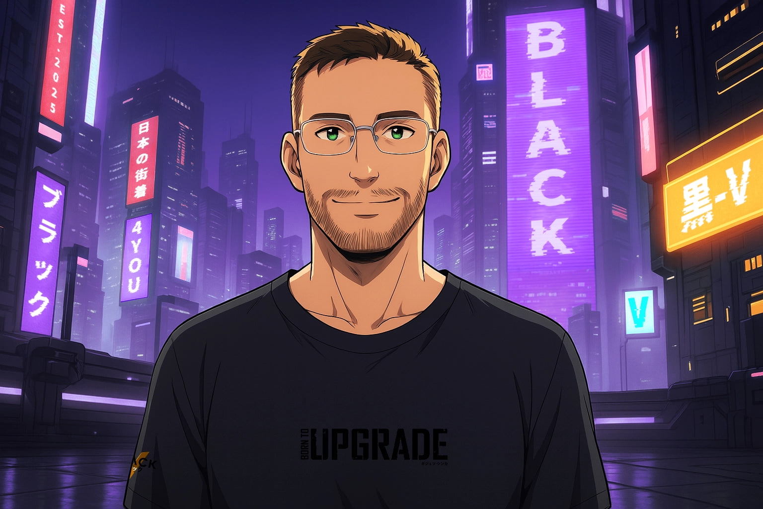 A confident man with glasses stands in a neon-lit futuristic city, wearing a shirt that reads "Born to Upgrade." The image reflects Black-V's belief that fashion is more than style—it's a bold statement of identity and values.