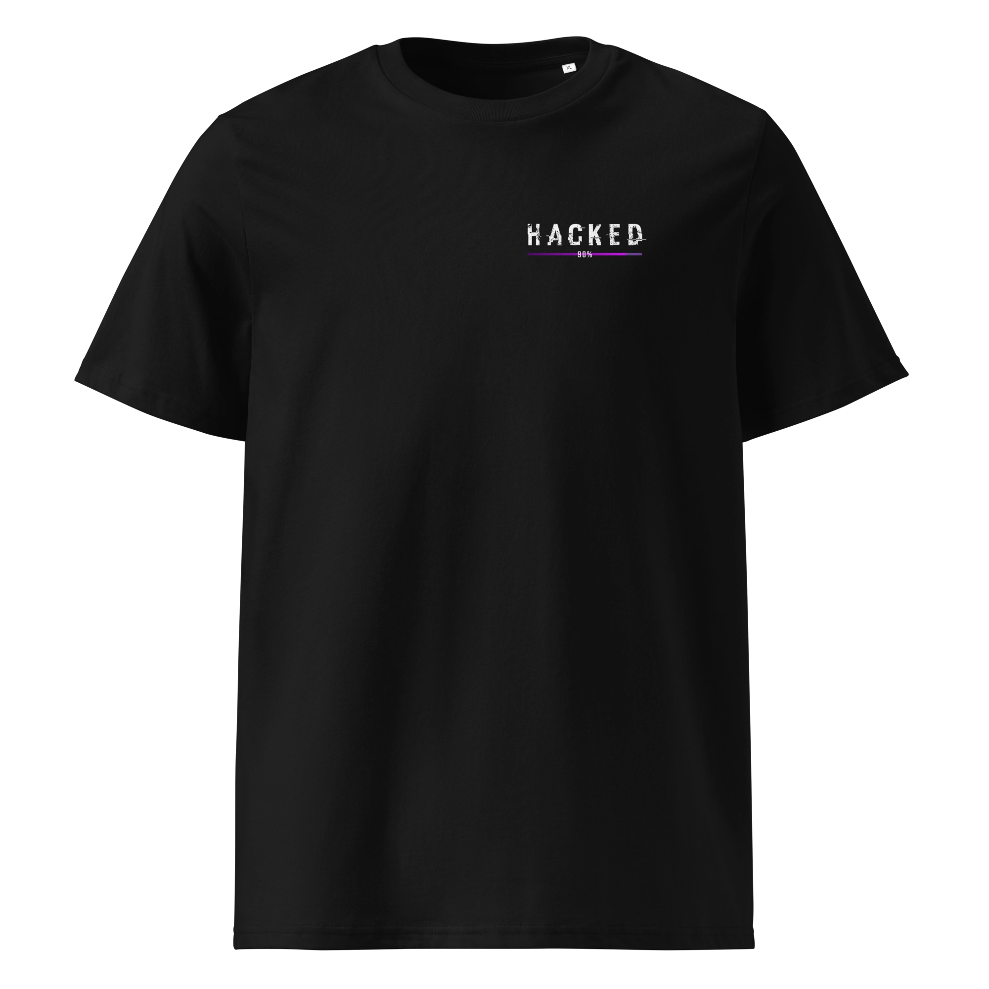 Black cyberpunk-style T-shirt with minimalist front design featuring glitch-text "HACKED 90%" in white and purple, placed on the left chest area.