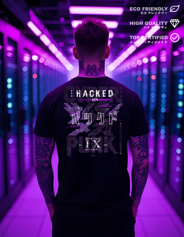 Tattooed model wearing a black cyberpunk T-shirt with glitch-style graphics and Japanese text, standing in a neon-lit server room. Text elements emphasize eco-friendliness, high quality, and certification in English and Japanese.