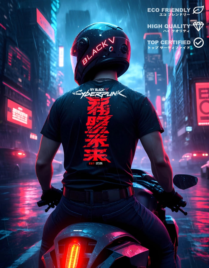 Model wearing a black Cyberpunk T-shirt with bold red Japanese text and “Cyberpunk by Black-V” logo, sitting on a motorcycle in a neon-lit rainy city. Features “Eco Friendly”, “High Quality” and “Top Certified” labels on the image.