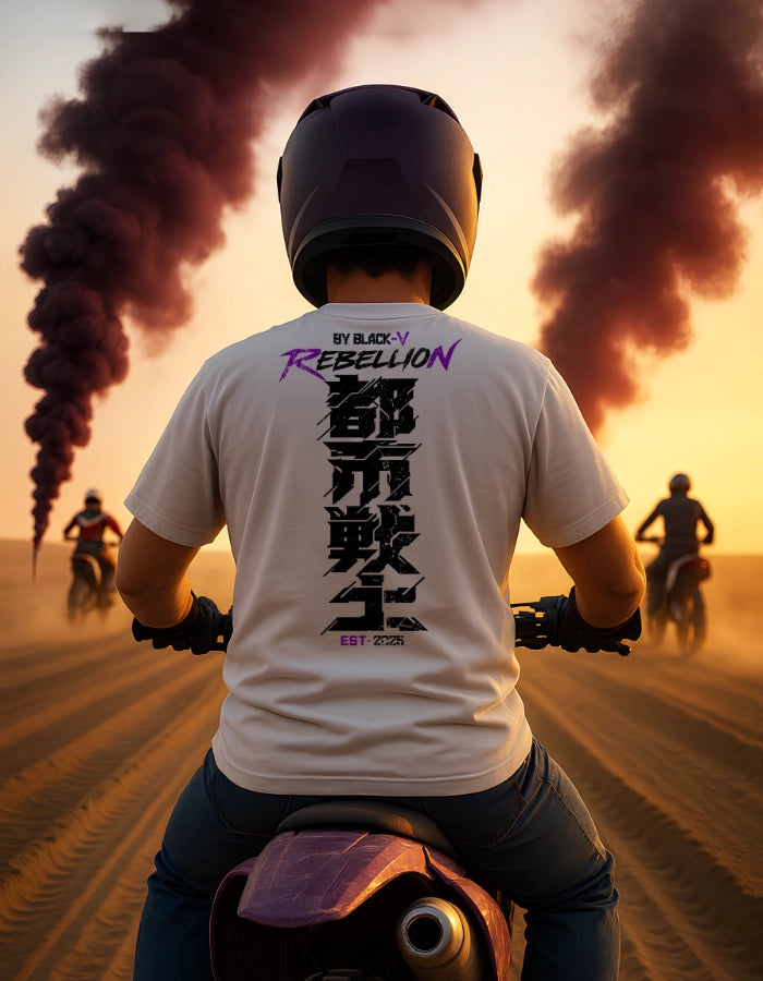 Male model riding a bike in the desert wearing a white eco-friendly T-shirt with bold vertical kanji and “Rebellion” in purple. High-quality streetwear captured in a gritty, cinematic setting.