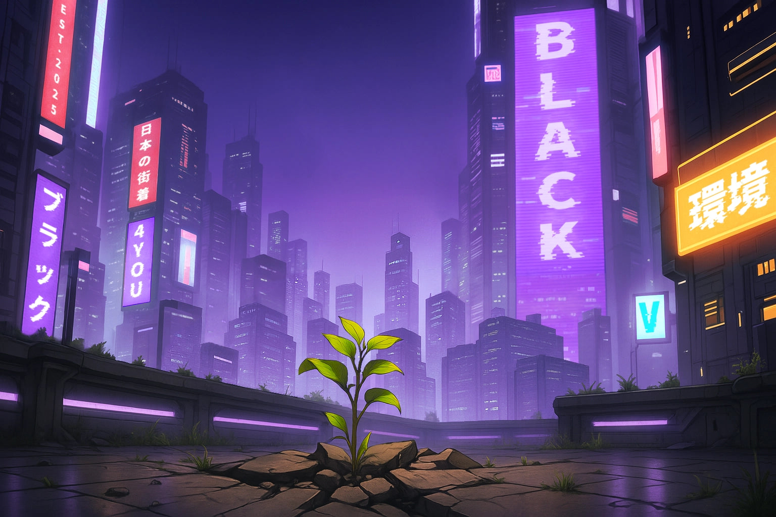 A single green sprout breaks through cracked pavement in a futuristic city glowing with neon lights. Surrounded by skyscrapers and digital signs, the image reflects Black V’s commitment to sustainability: planet over profit, for a future worth living.