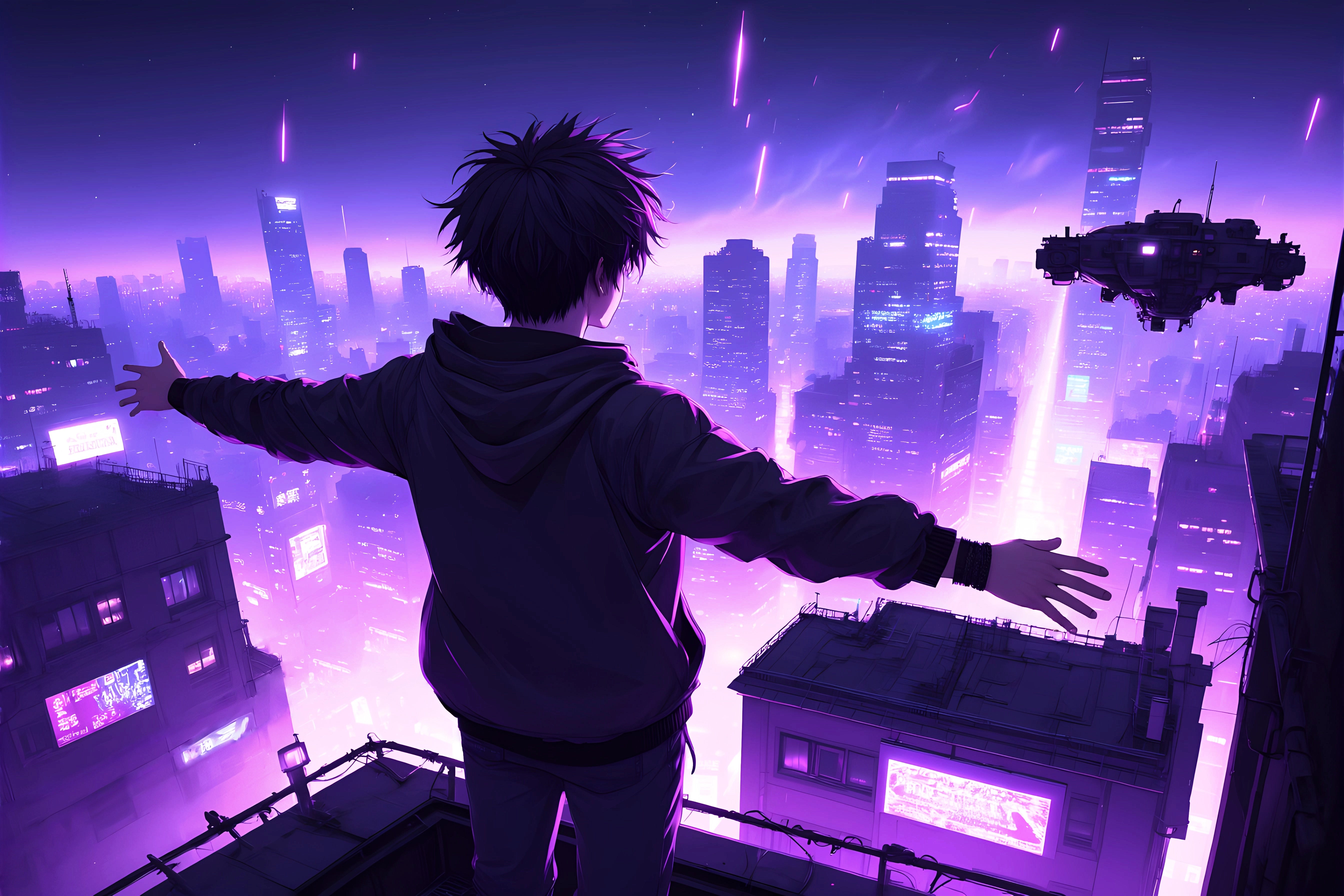 Anime-style scene of a young man standing on a rooftop, arms outstretched, overlooking a glowing cyberpunk cityscape bathed in purple light, with neon signs and a hovering drone in the distance.