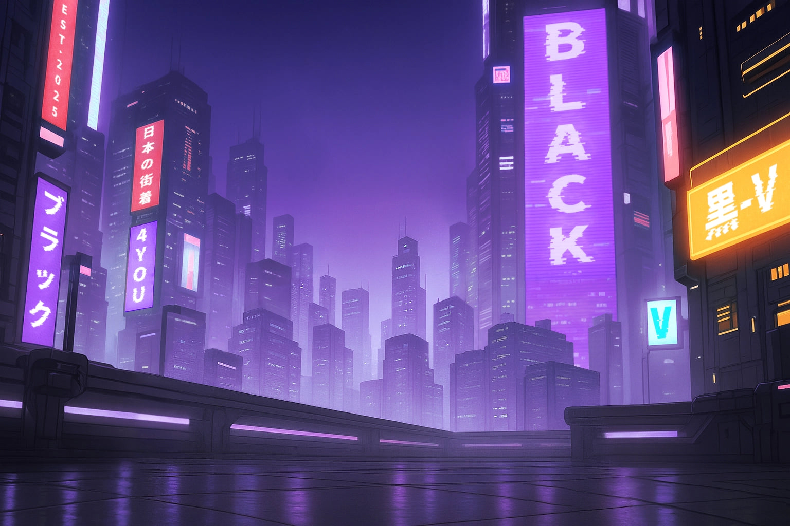 Futuristic anime-style cityscape with tall skyscrapers glowing in violet tones. Neon signs display words like “BLACK,” “V,” and Japanese text, blending cyberpunk aesthetics with modern branding in a moody night atmosphere.