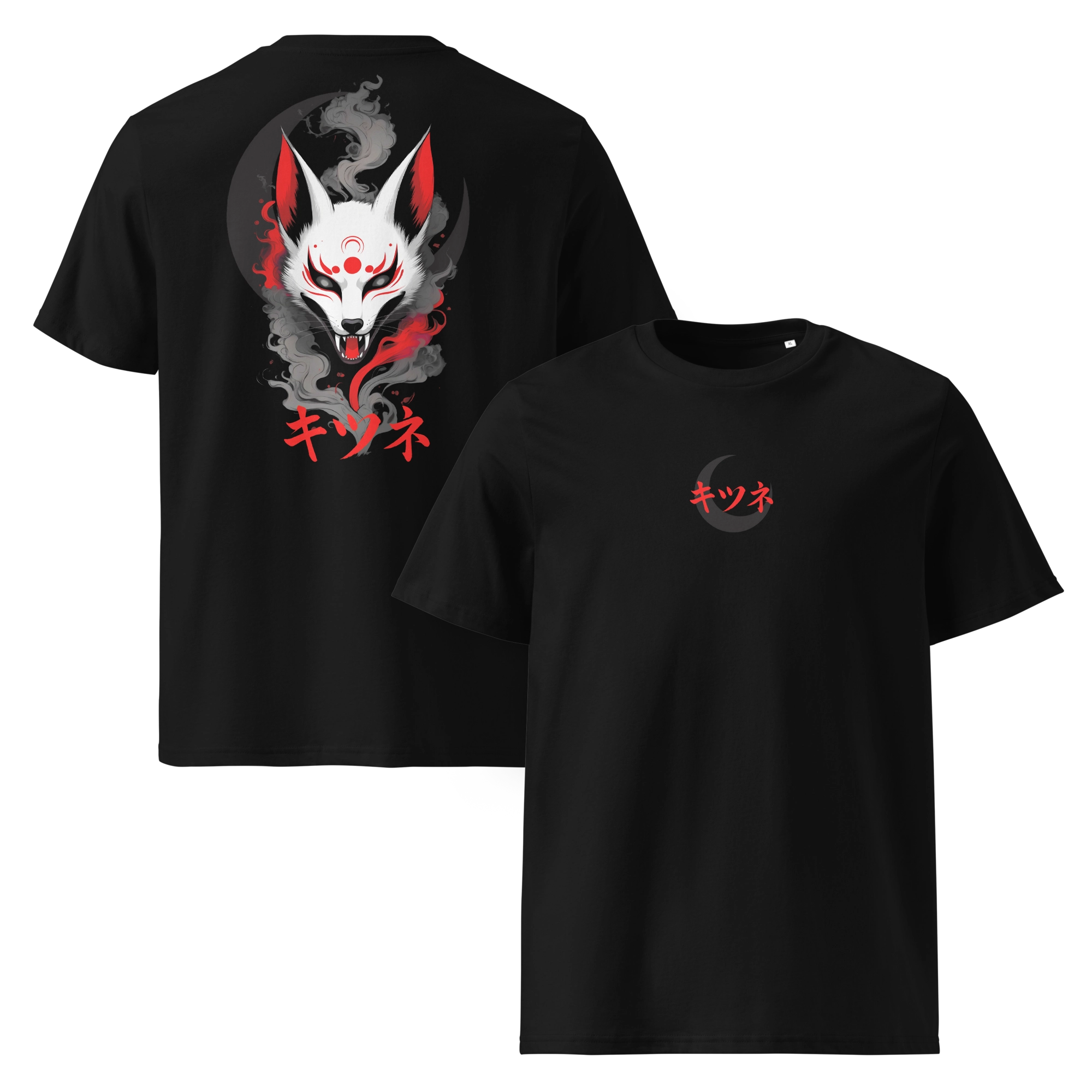 Black unisex T-shirt featuring a fierce white Kitsune face with red markings and smoke on the back, and red katakana text over a crescent moon on the front. Japanese streetwear style.