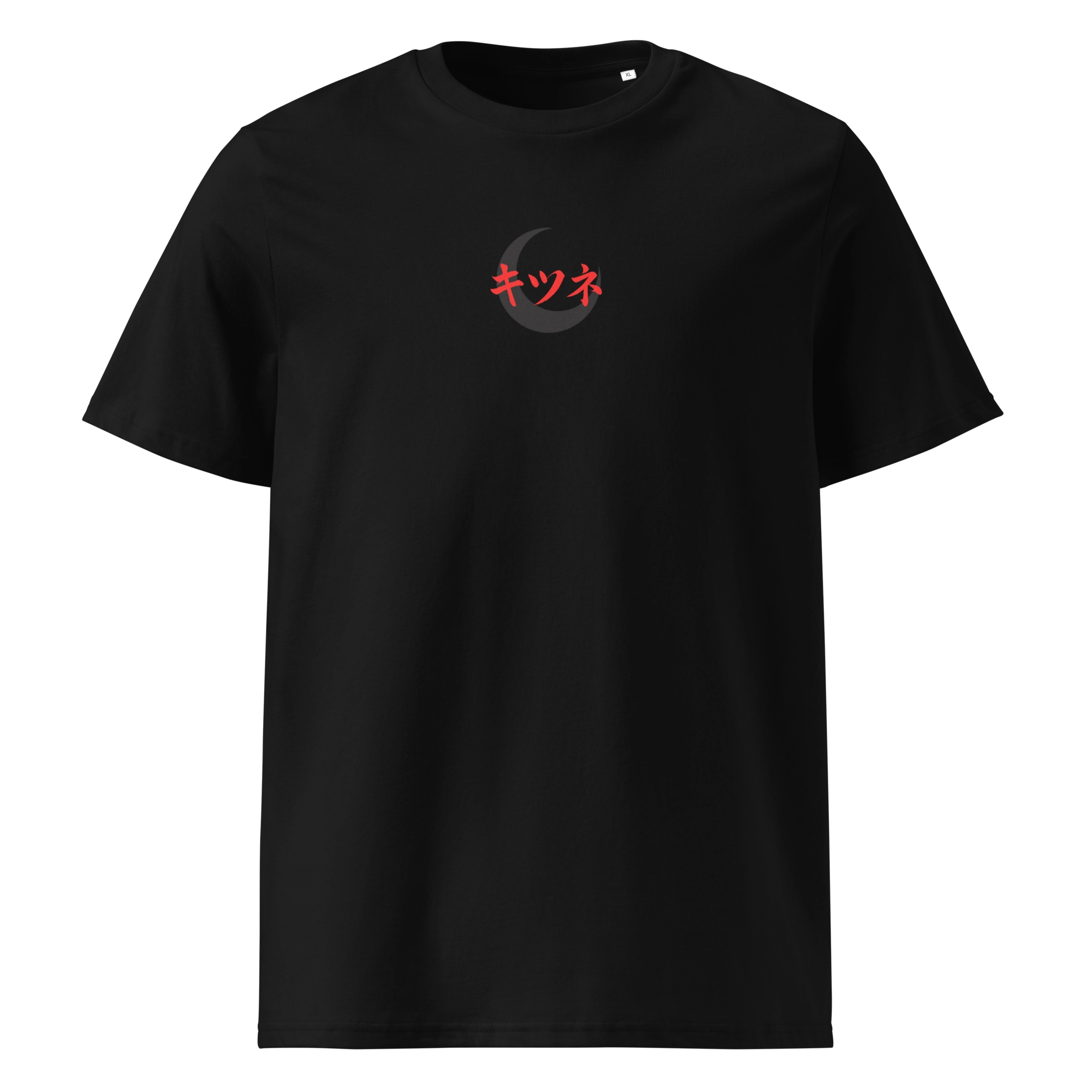 Front view of a black unisex T-shirt with a minimal red Kitsune print in Japanese katakana, set over a dark crescent moon design. Clean, centered chest graphic with modern streetwear vibes.