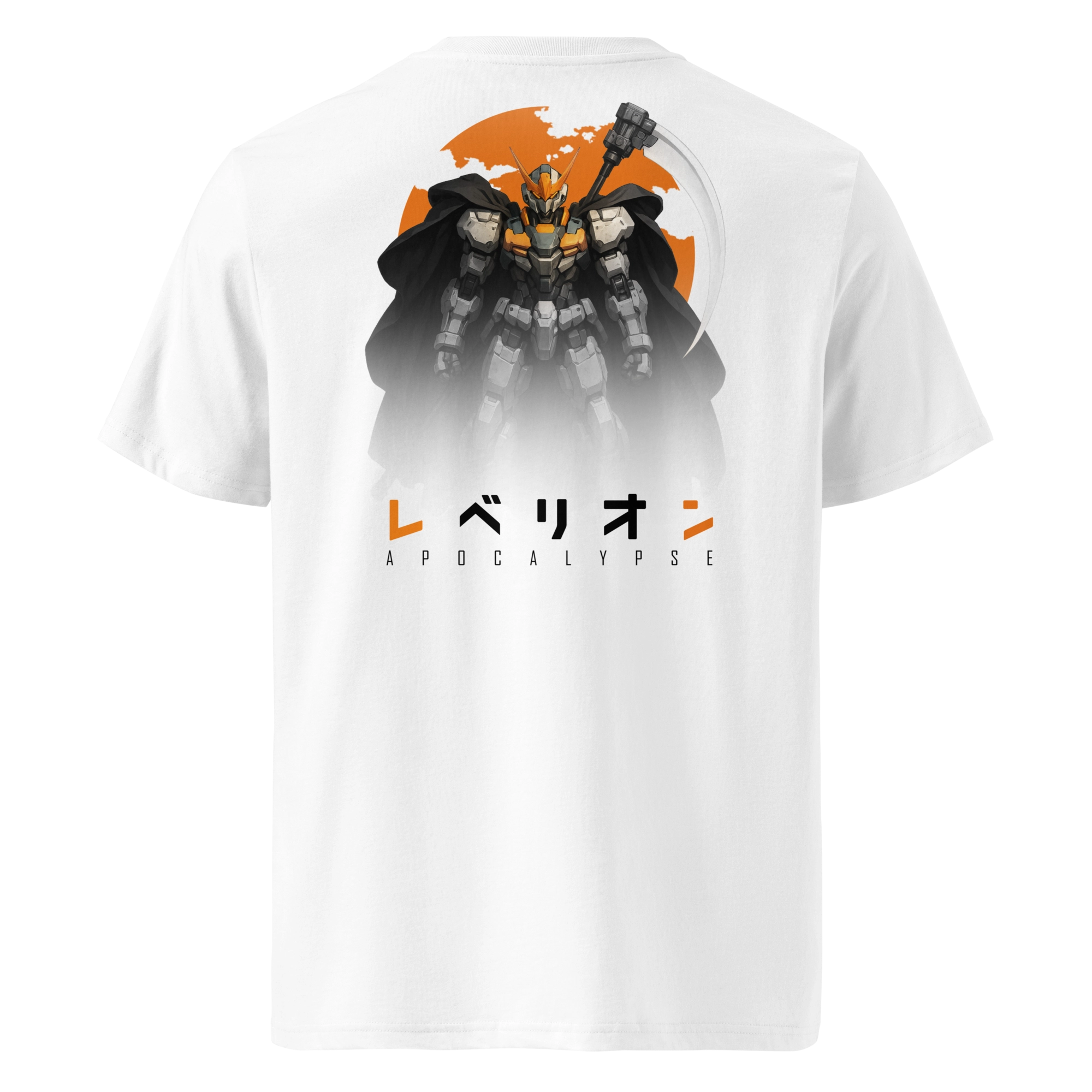White unisex T-shirt featuring a bold anime mecha design with a black cape and scythe in front of a fiery orange circle. Japanese katakana reads "Rebellion" above the word "Apocalypse."