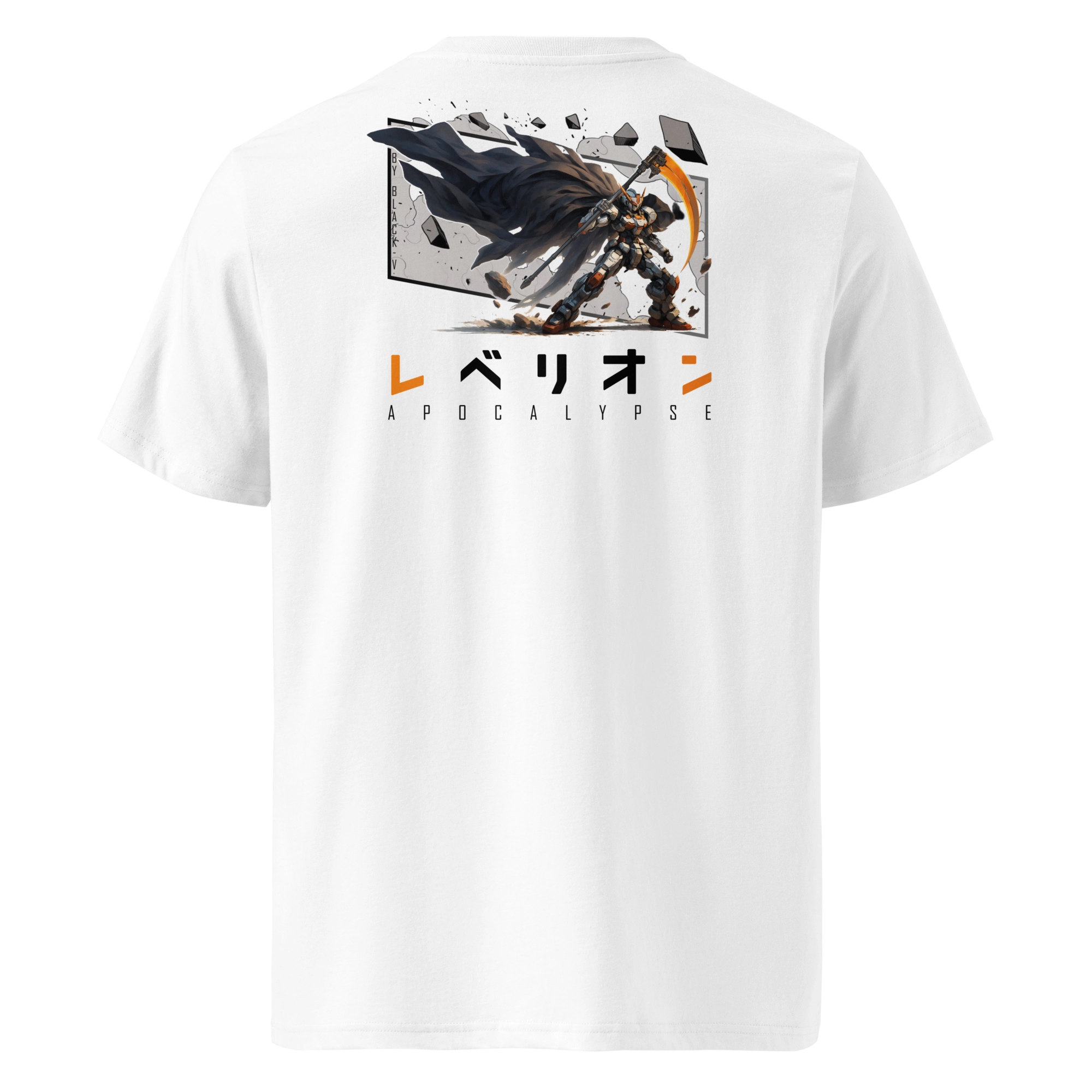 White unisex T-shirt with bold anime mecha design on the back, featuring a dramatic armored warrior mid-strike, surrounded by debris. Japanese text and “Apocalypse” enhance the futuristic aesthetic.