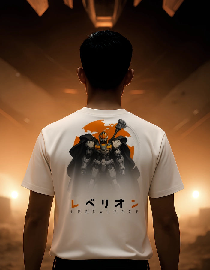 Model wearing a white anime mecha T-shirt with a dramatic robot design featuring a cape and scythe, set against an orange background. Text highlights eco-friendly, high-quality, and certified production.