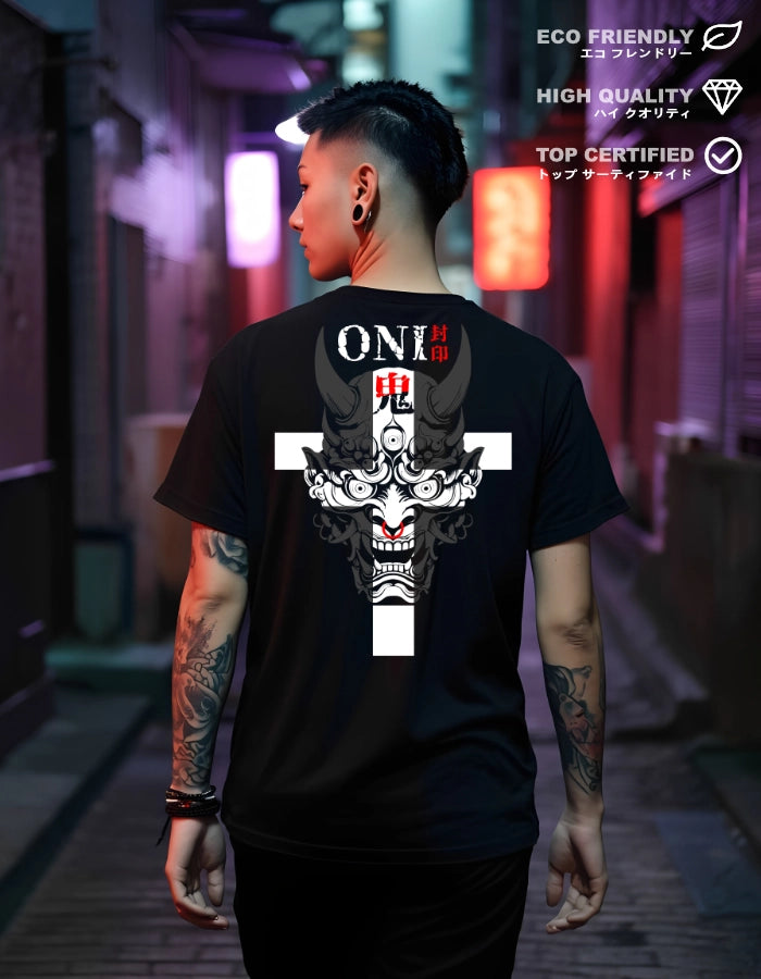 Male model wearing a premium, eco-friendly black T-shirt with a striking Oni mask design and Japanese kanji. Shot in a neon-lit alley, the bold streetwear aesthetic meets sustainable fashion.