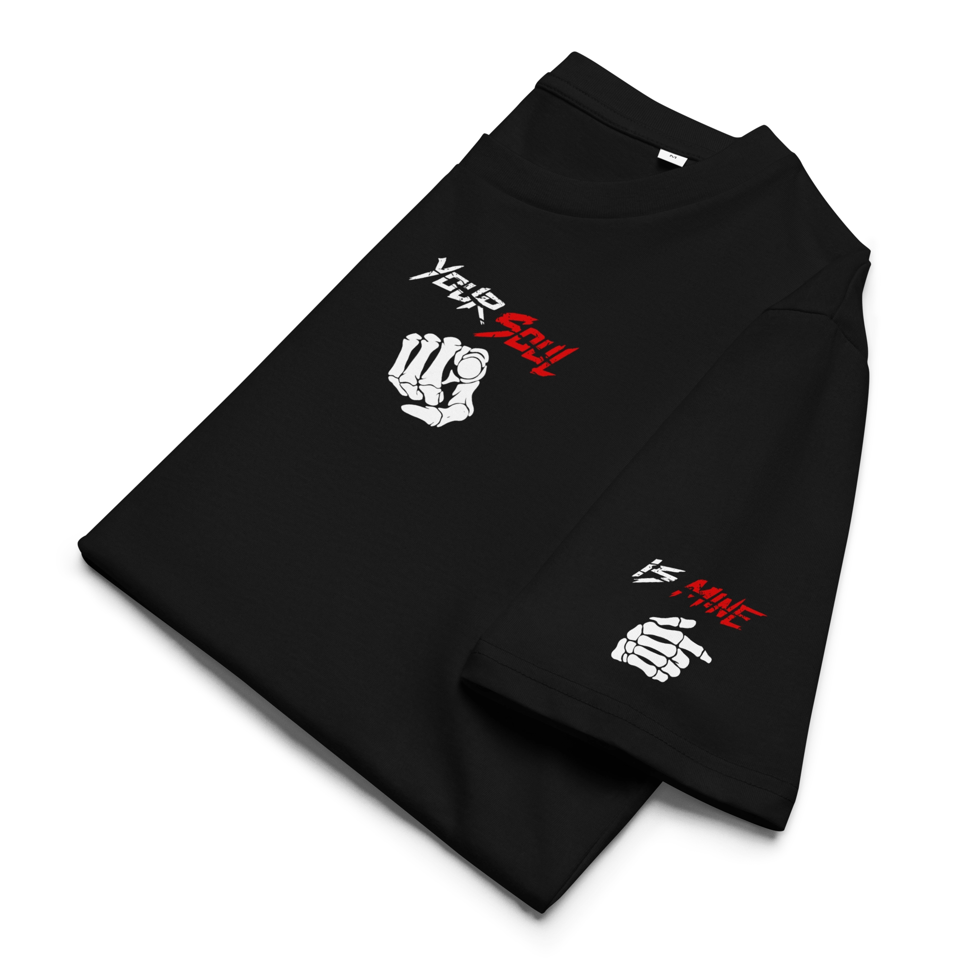 Black folded streetwear T-shirt featuring bold graphics with white skeleton hands and red lettering saying “Your Soul is Mine.” Gothic Japanese-inspired design with edgy, dark aesthetic.