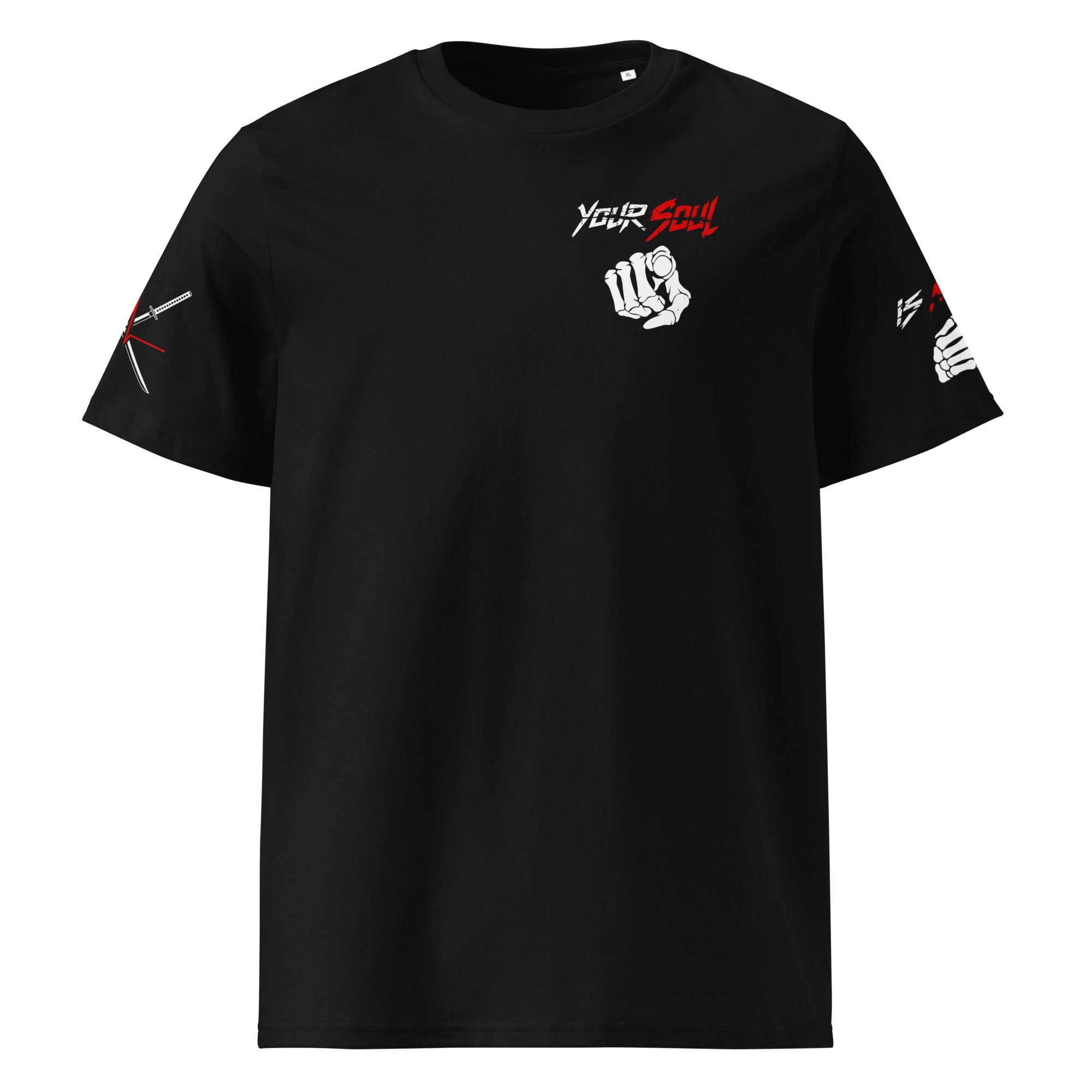 Black unisex T-shirt with “Your Soul” text and a pointing skeleton hand on the chest. Features katana and skull graphics on the sleeves. Minimal yet edgy Japanese streetwear style.
