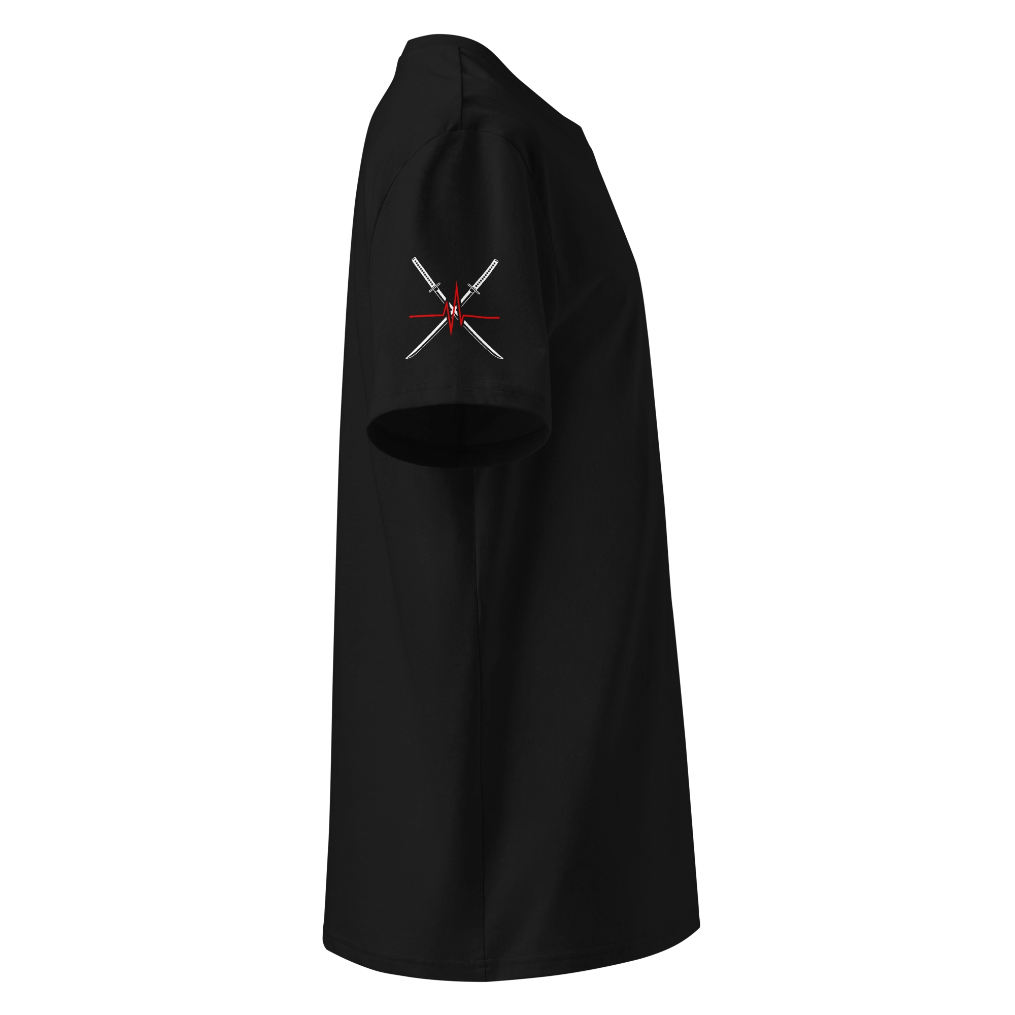 Right side view of a black unisex t-shirt featuring a minimalist samurai katana design in red and white on the sleeve. Part of a bold Japanese streetwear collection with tattoo-style elements.