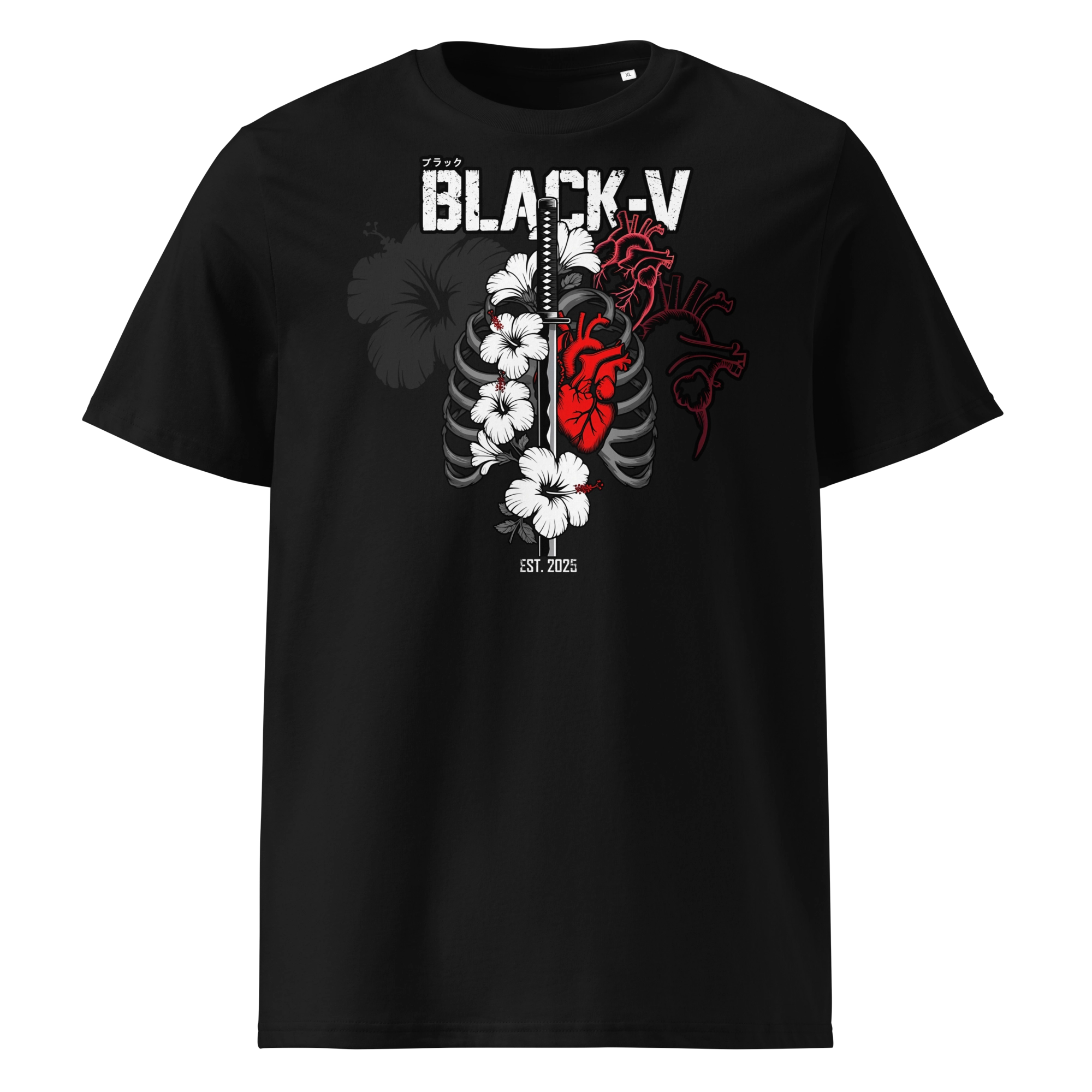 Black unisex T-shirt featuring a bold tattoo-style design with ribcage, red anatomical heart, and white hibiscus flowers. Japanese kanji for "Black-V" above the print. Sustainable streetwear.