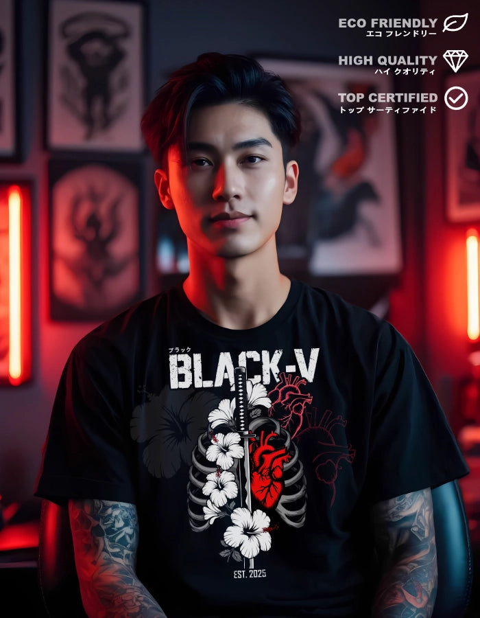 Tattoo-inspired black T-shirt worn by a model in a neon-lit room. Features ribcage, katana, red anatomical heart, and white hibiscus flowers. Japanese streetwear. Eco-friendly and top certified.