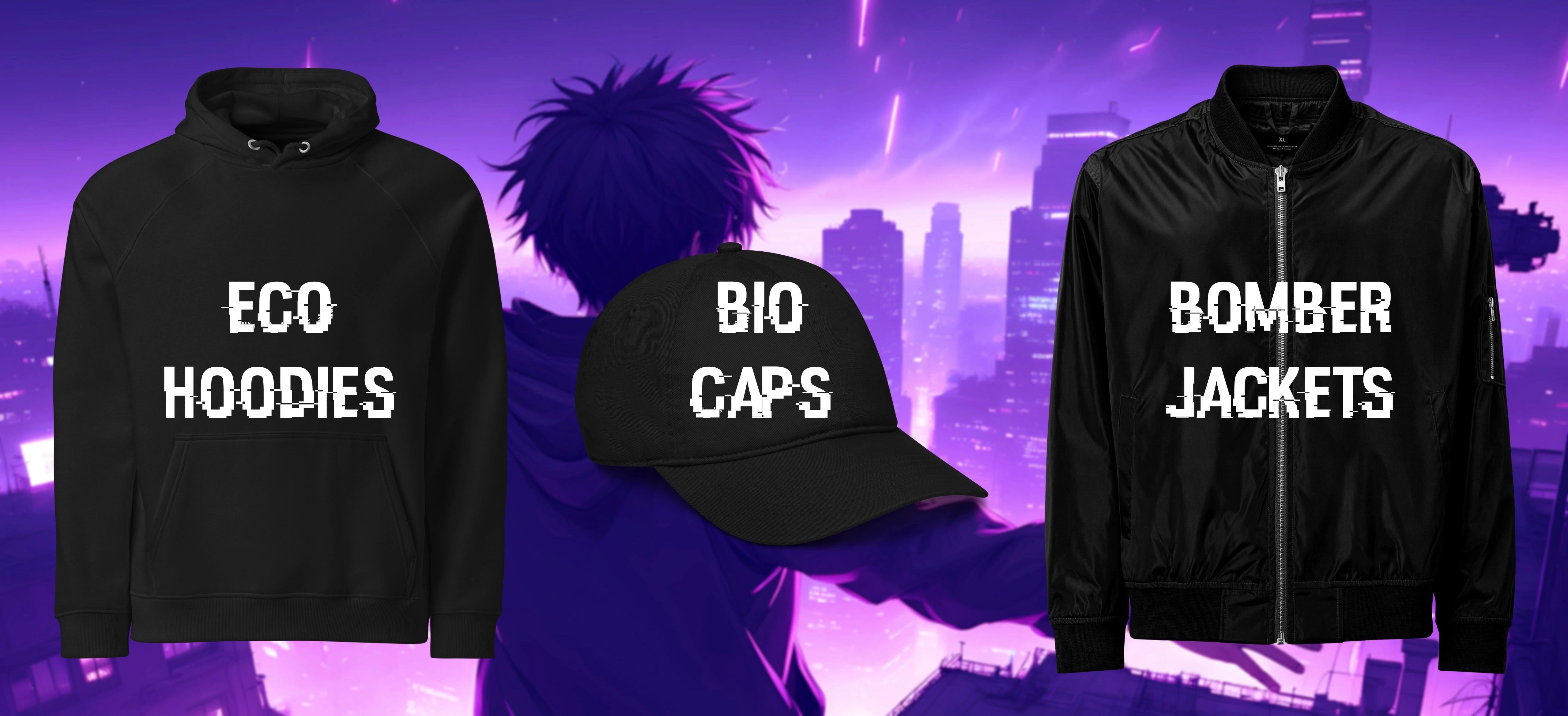 Black-V fashion preview featuring a black eco cap, bomber jacket, and sustainable hoodie in a futuristic neon cityscape. Cyber-inspired streetwear with glitchy typography and bold minimal aesthetics.