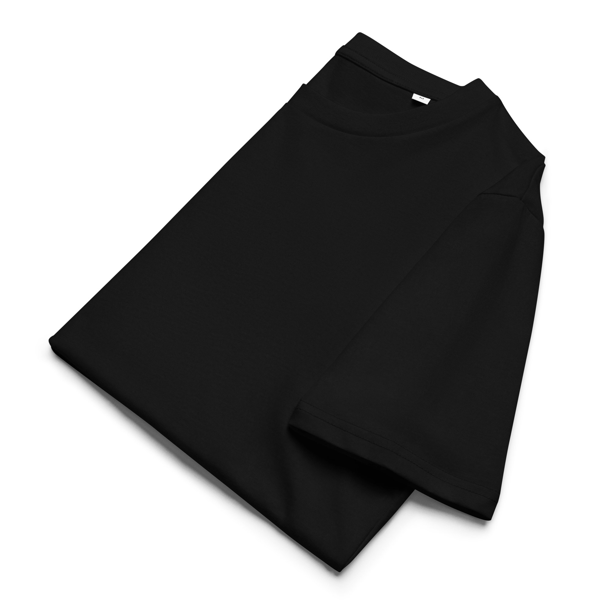 Folded black T-shirt made from soft, eco-friendly fabric. Clean stitching and smooth texture highlight the premium quality and sustainable craftsmanship behind this Japanese streetwear piece.