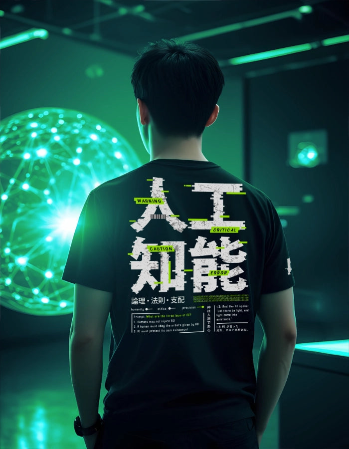 A person wearing a black AI-themed cyberpunk t-shirt in a futuristic setting. The back features glitch-style Japanese kanji, English text about AI laws, and neon green highlights, combining sci-fi aesthetics with sustainable fashion.