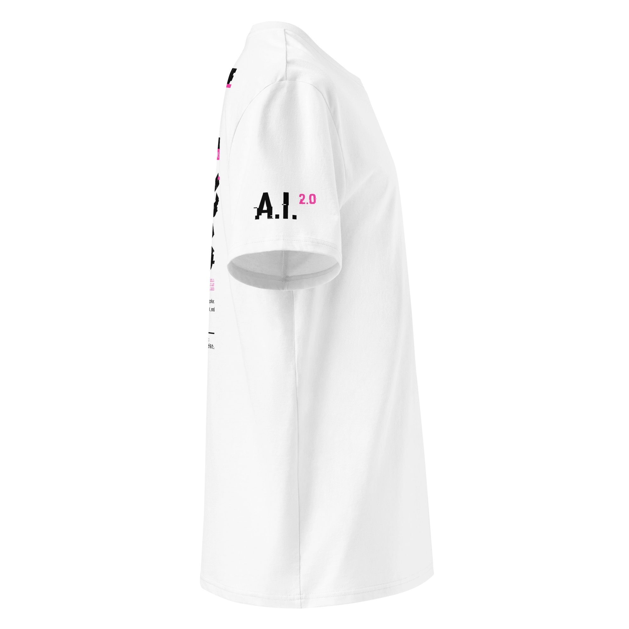 Side view of a white unisex T-shirt featuring a minimalist “A.I. 2.0” print on the sleeve in black and pink glitch font. Showcases the modern cyberpunk style with subtle futuristic detail.