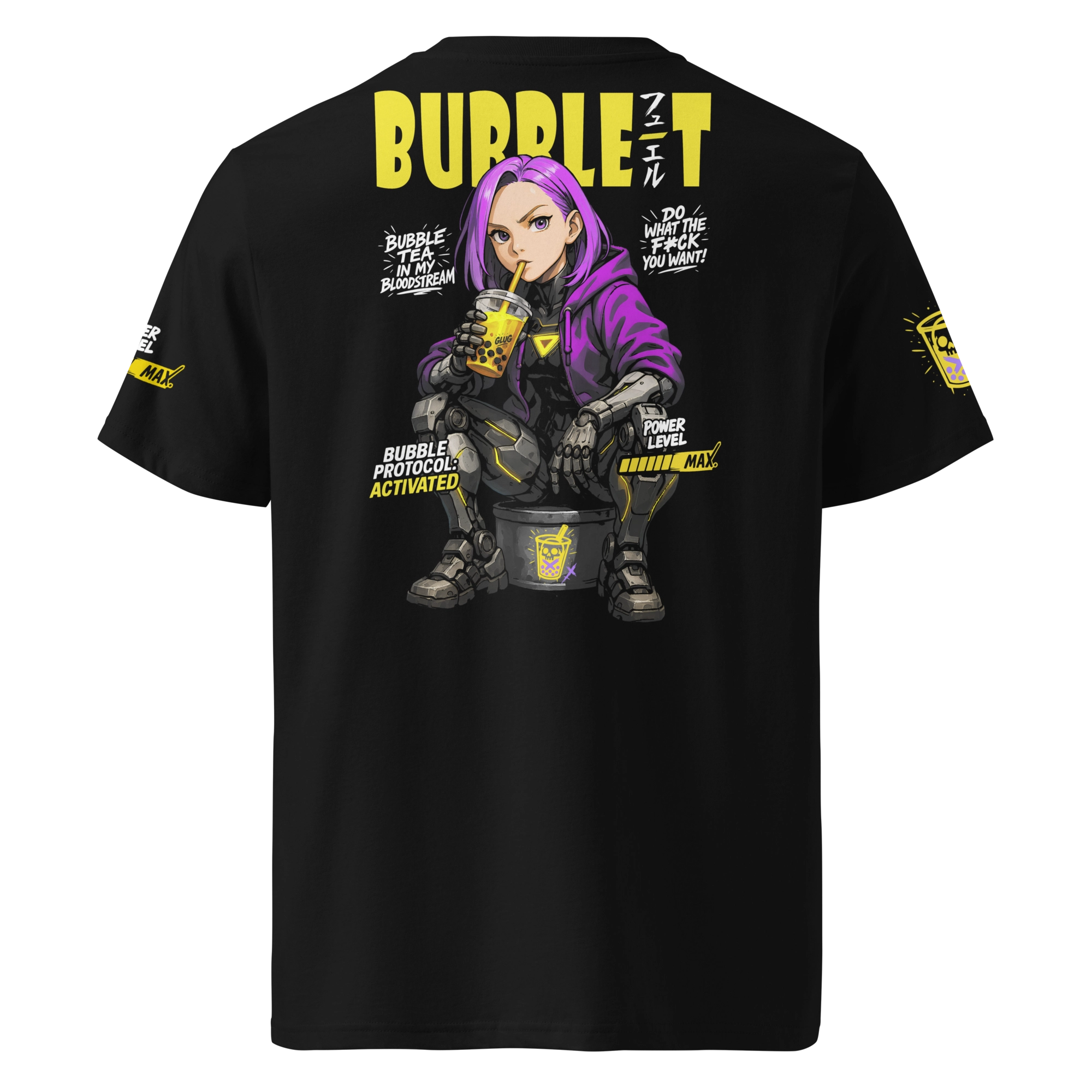 Black cyberpunk t-shirt featuring a purple-haired anime girl with robotic legs drinking bubble tea. Bold yellow text and Japanese characters complete the futuristic streetwear look.